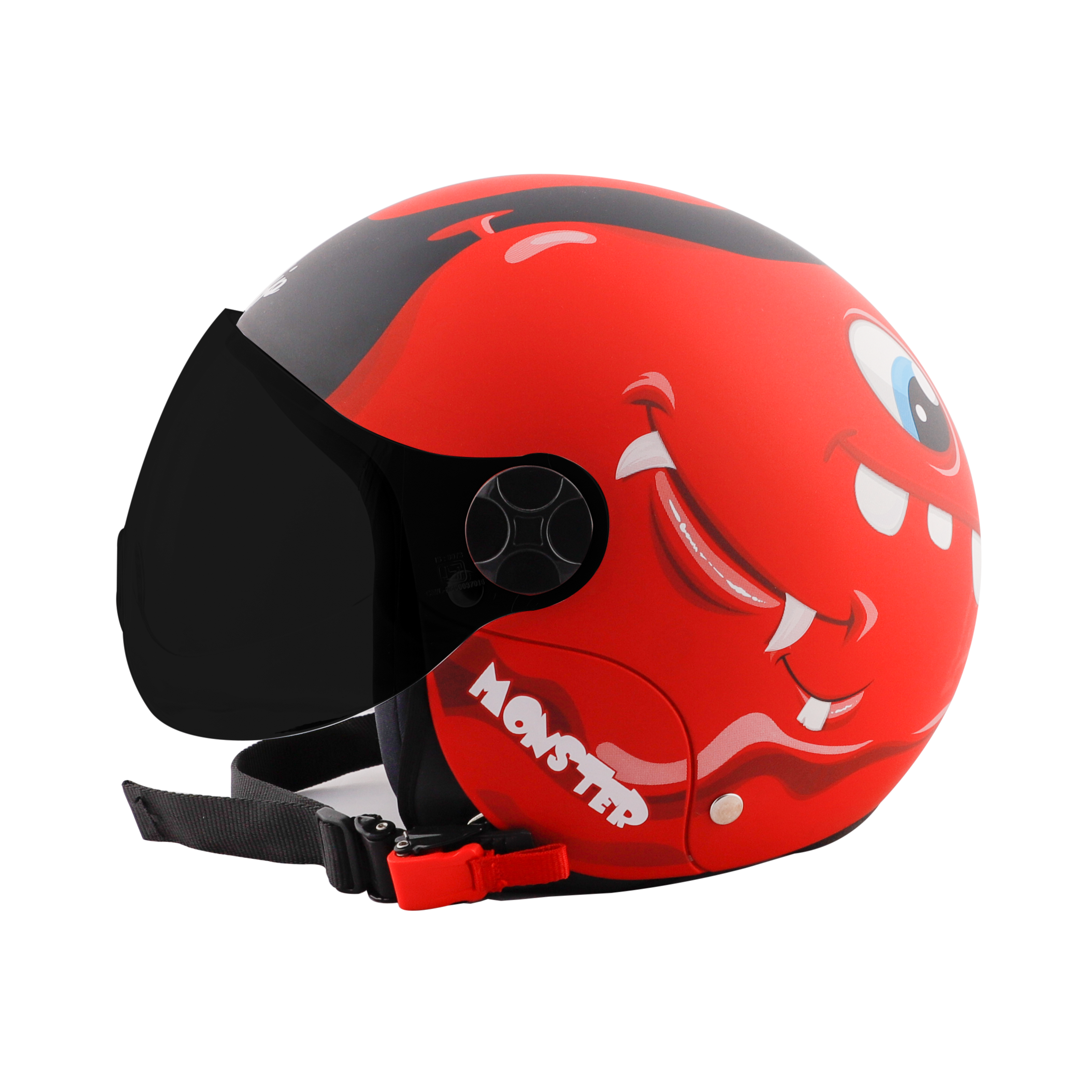 Steelbird Skip Toad Open Face ISI Certified Helmet For Kids (Matt Black Sports Red With Smoke Visor)