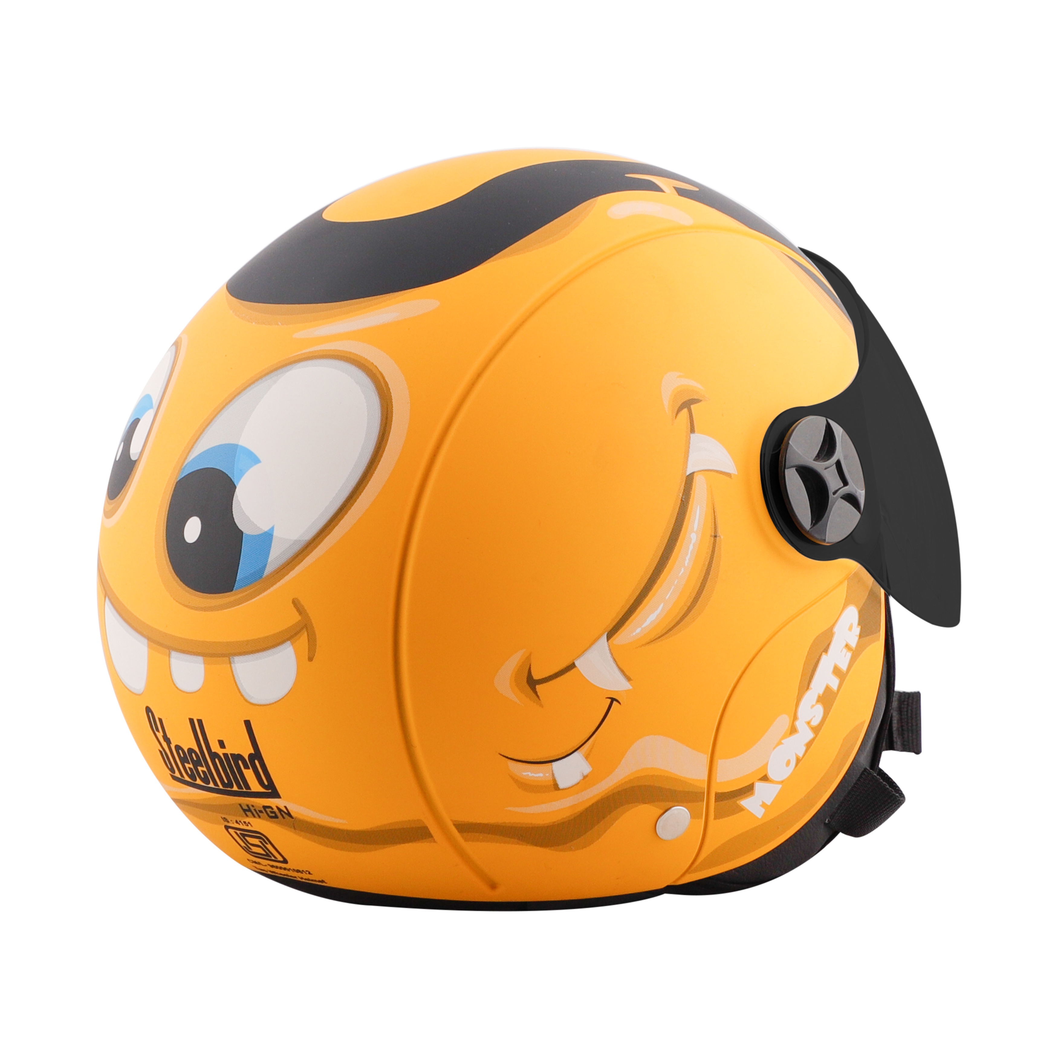 Steelbird Skip Toad Open Face ISI Certified Helmet For Kids (Matt Black Moon Yellow With Smoke Visor)