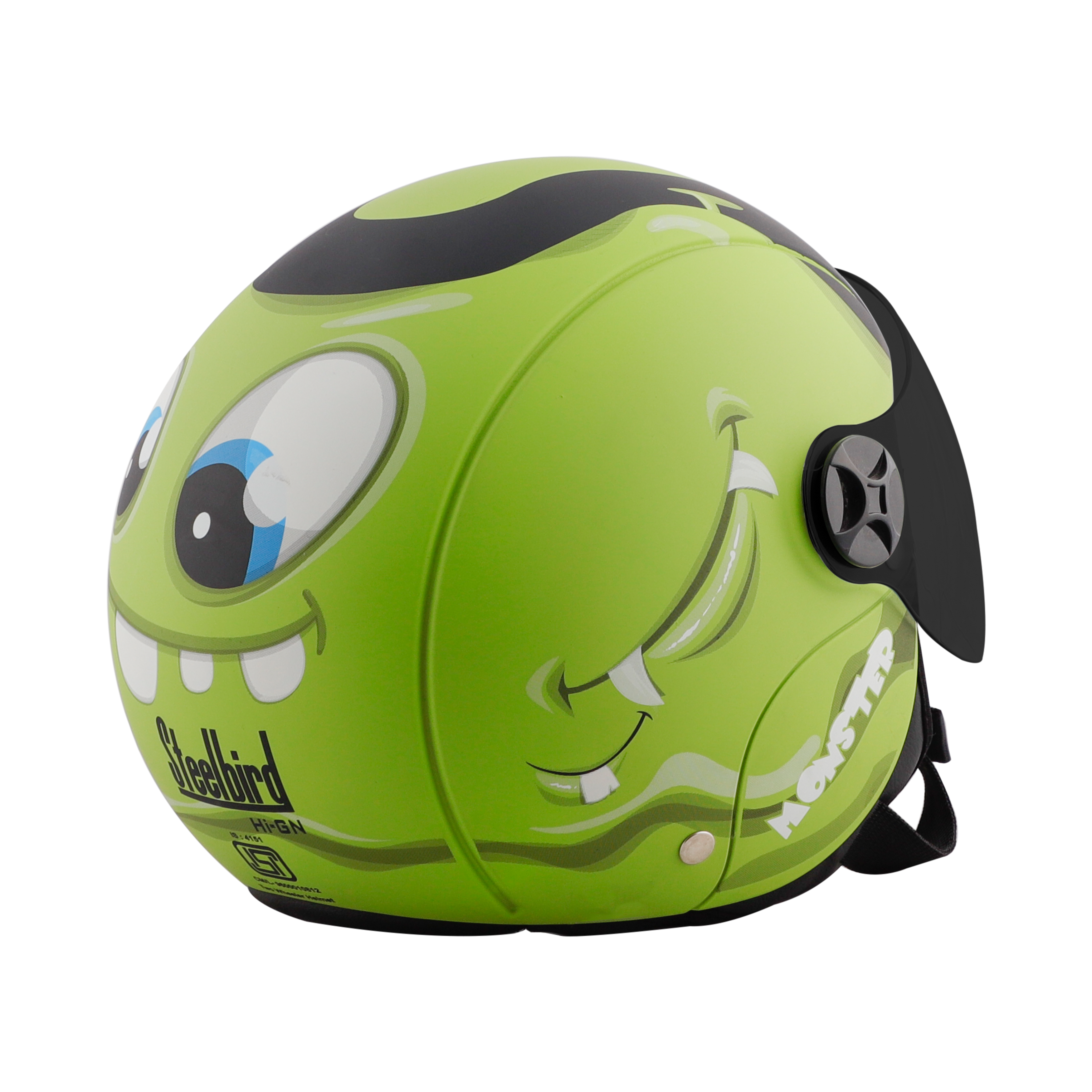 Steelbird Skip Toad Open Face ISI Certified Helmet For Kids (Matt Black Yellow Green With Smoke Visor)