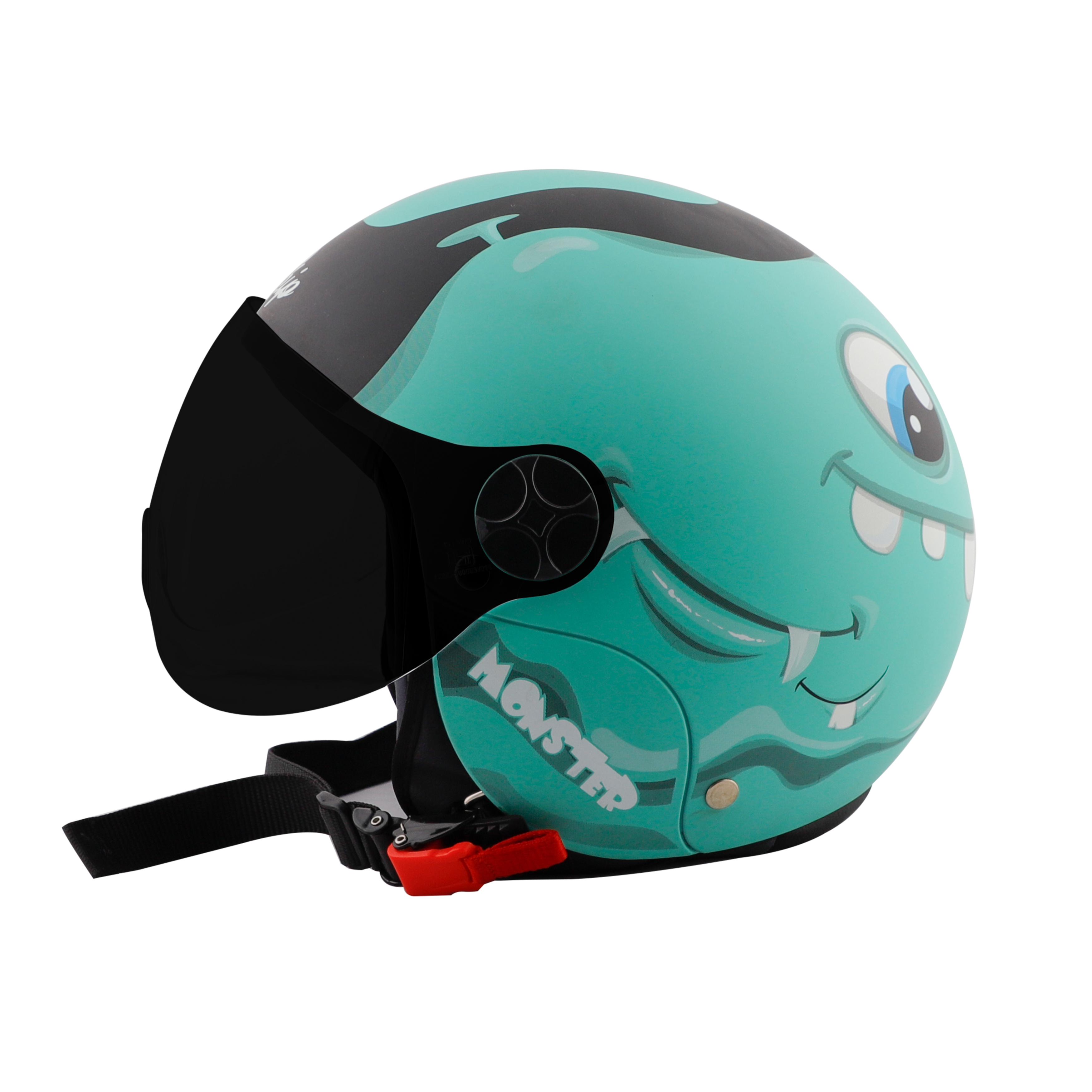 Steelbird Skip Toad Open Face ISI Certified Helmet For Kids (Matt Black Caribbean Green With Smoke Visor)