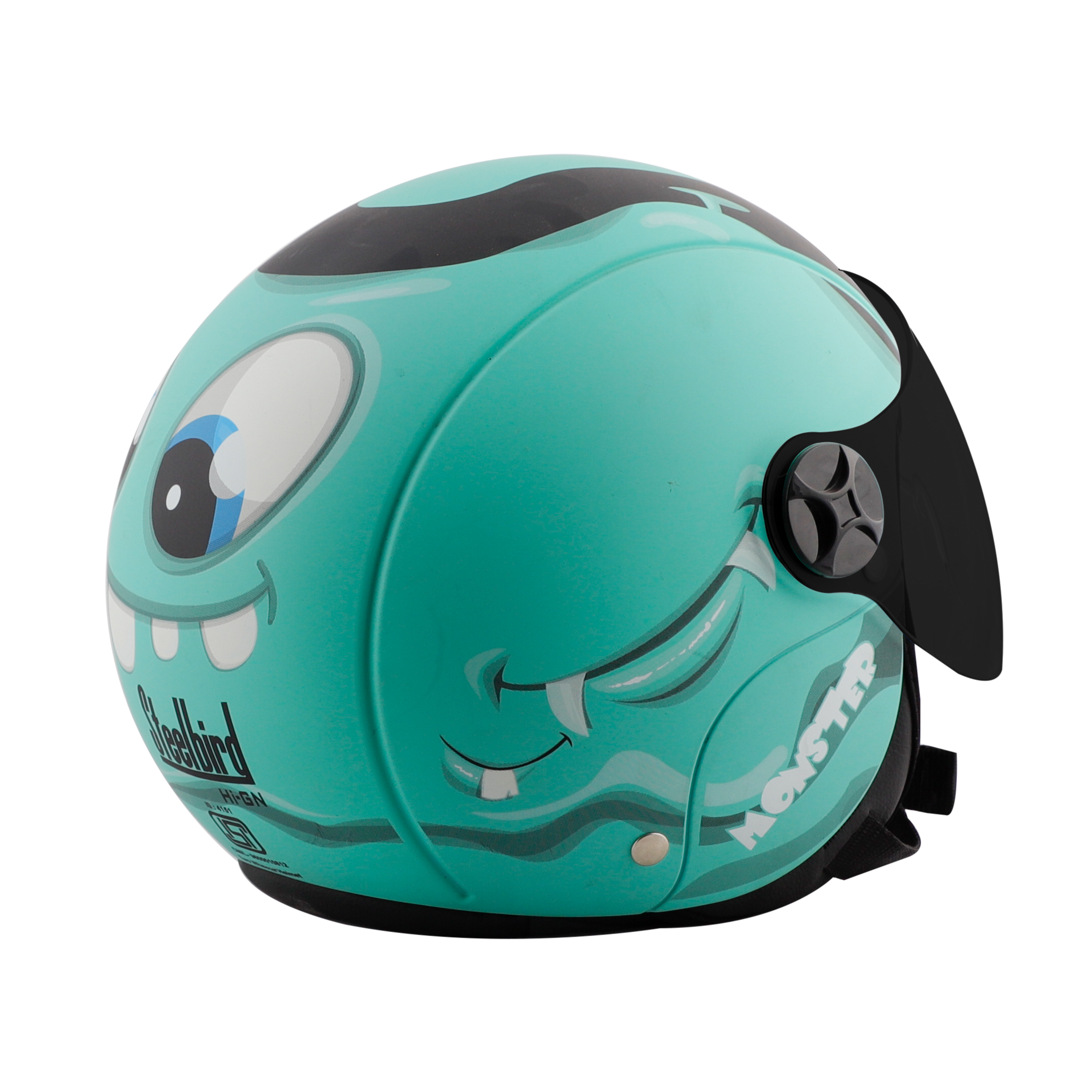 Steelbird Skip Toad Open Face ISI Certified Helmet For Kids (Matt Black Caribbean Green With Smoke Visor)