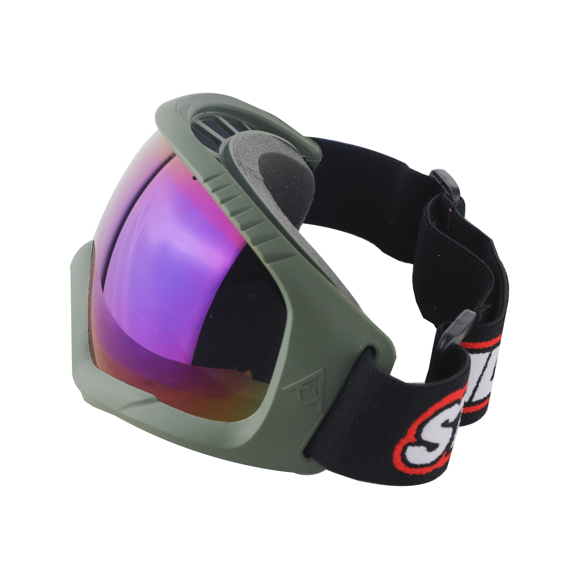 RIDING GOGGLE OLIVE GREEN WITH RAINBOW CHROME VISOR