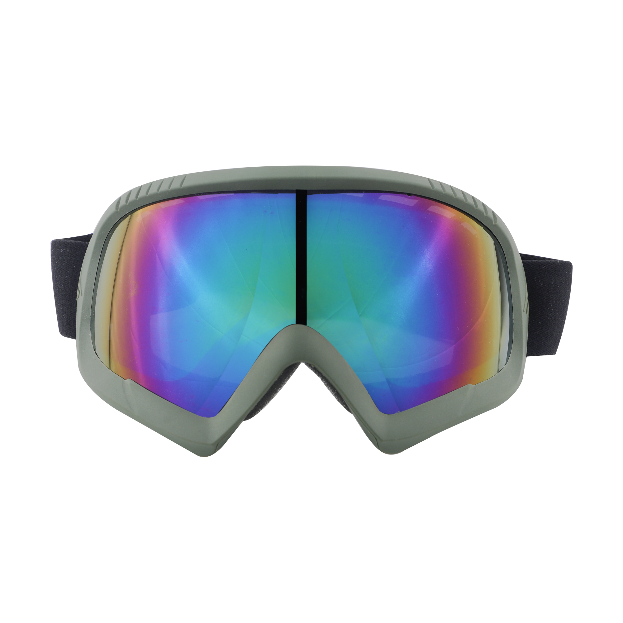 RIDING GOGGLE OLIVE GREEN WITH RAINBOW CHROME VISOR