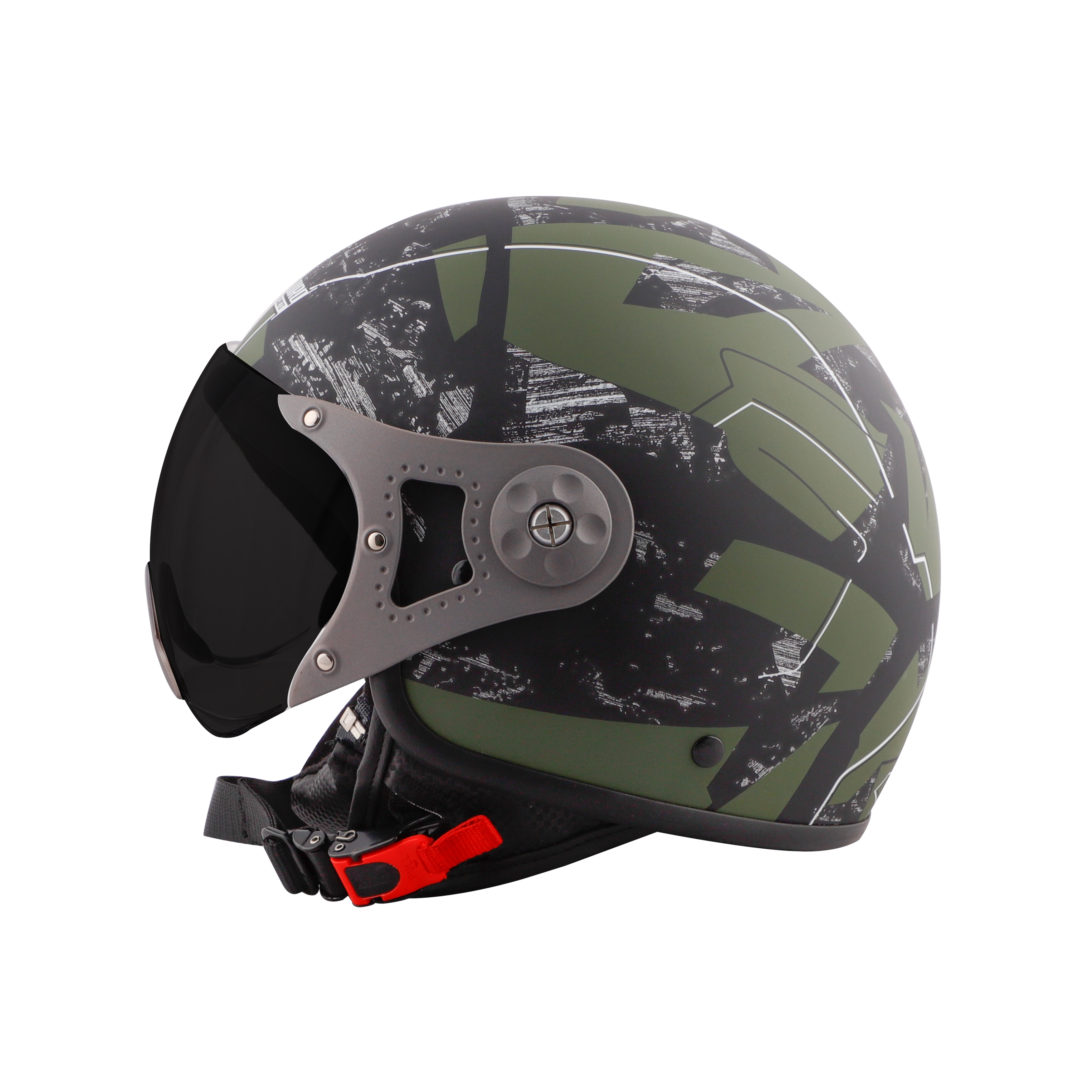 ST-100 CAMO ECE MAT BLACK WITH BATTLE GREEN (FITTED WITH CLEAR VISOR. SMOKE VISOR ONLY FOR ILLUSTRATION PURPOSE)