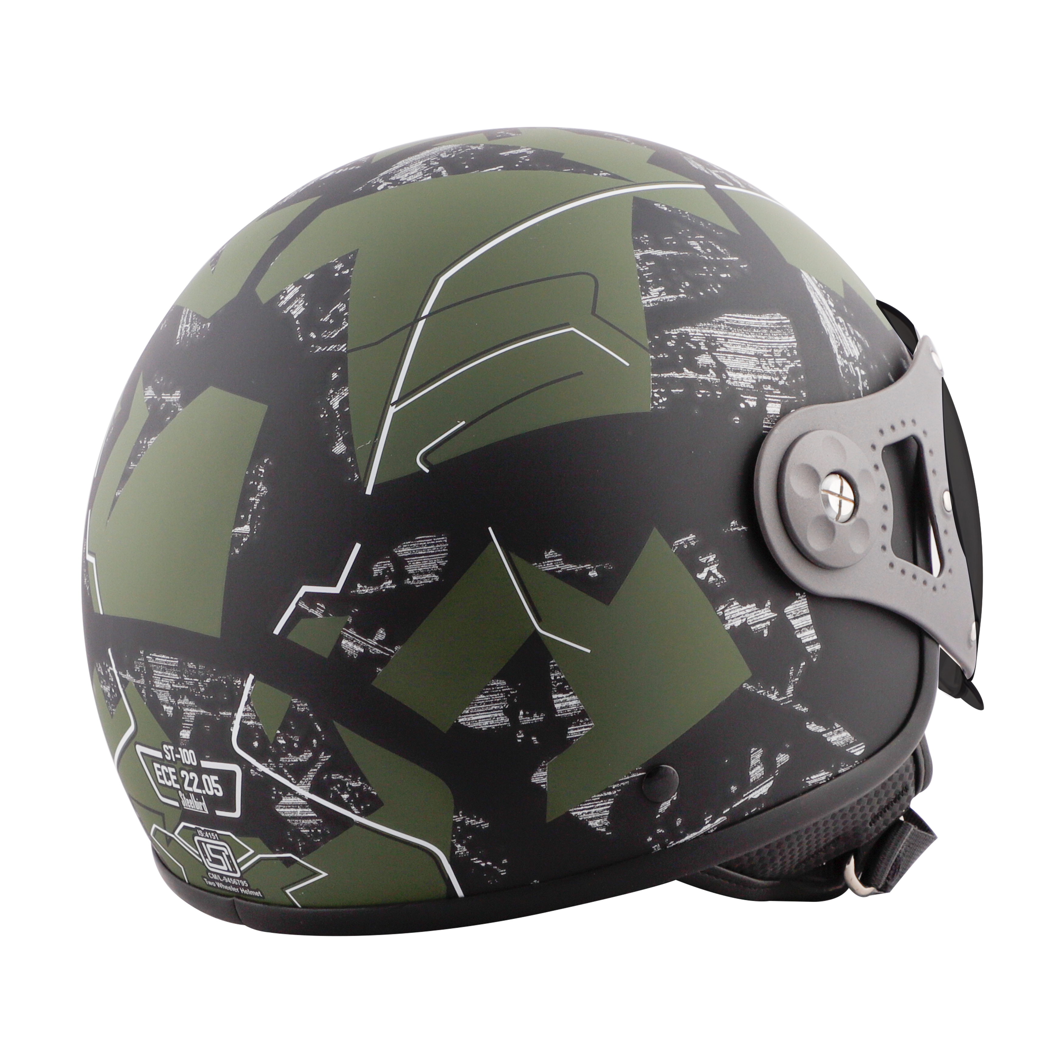 ST-100 CAMO ECE MAT BLACK WITH BATTLE GREEN (FITTED WITH CLEAR VISOR. SMOKE VISOR ONLY FOR ILLUSTRATION PURPOSE)