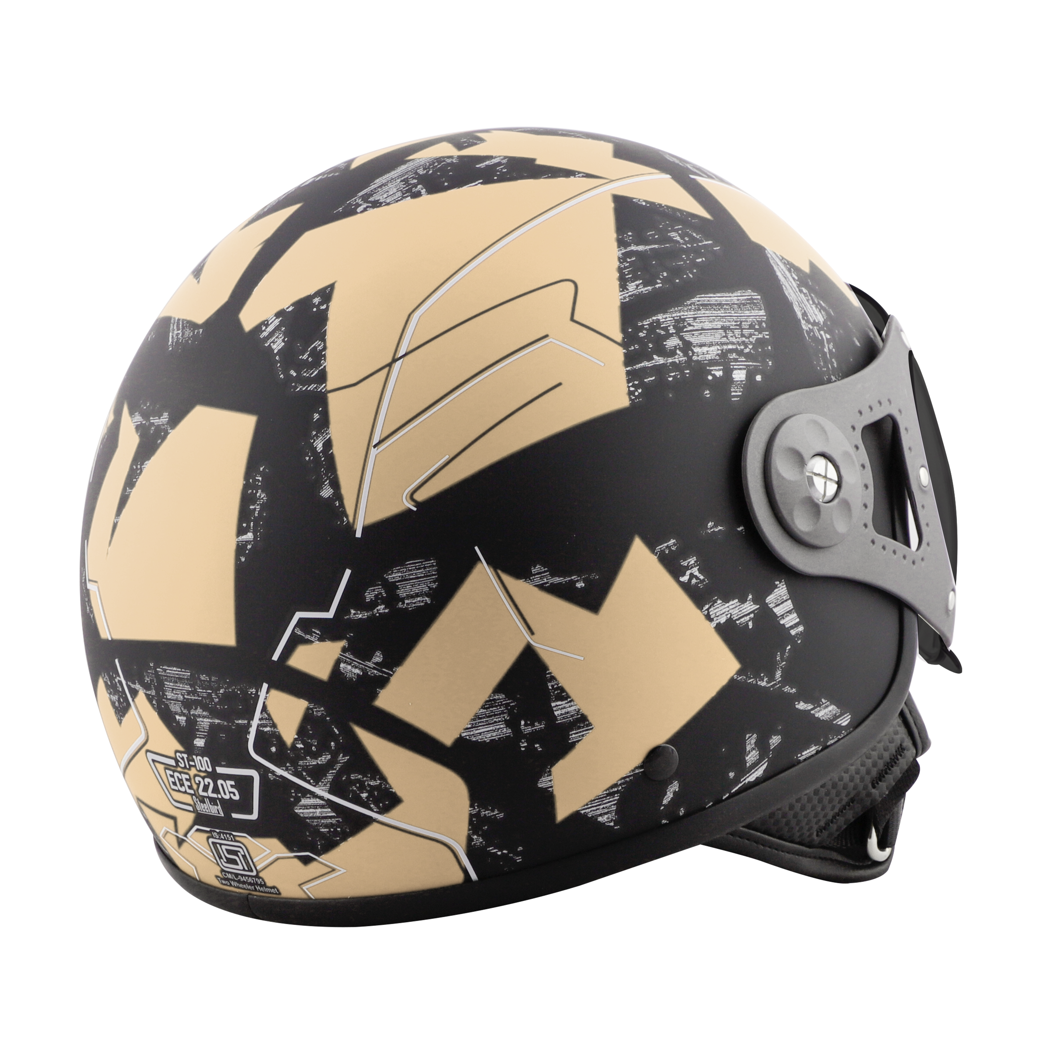 ST-100 CAMO ECE MAT BLACK WITH DESERT STORM (FITTED WITH CLEAR VISOR. SMOKE VISOR ONLY FOR ILLUSTRATION PURPOSE)