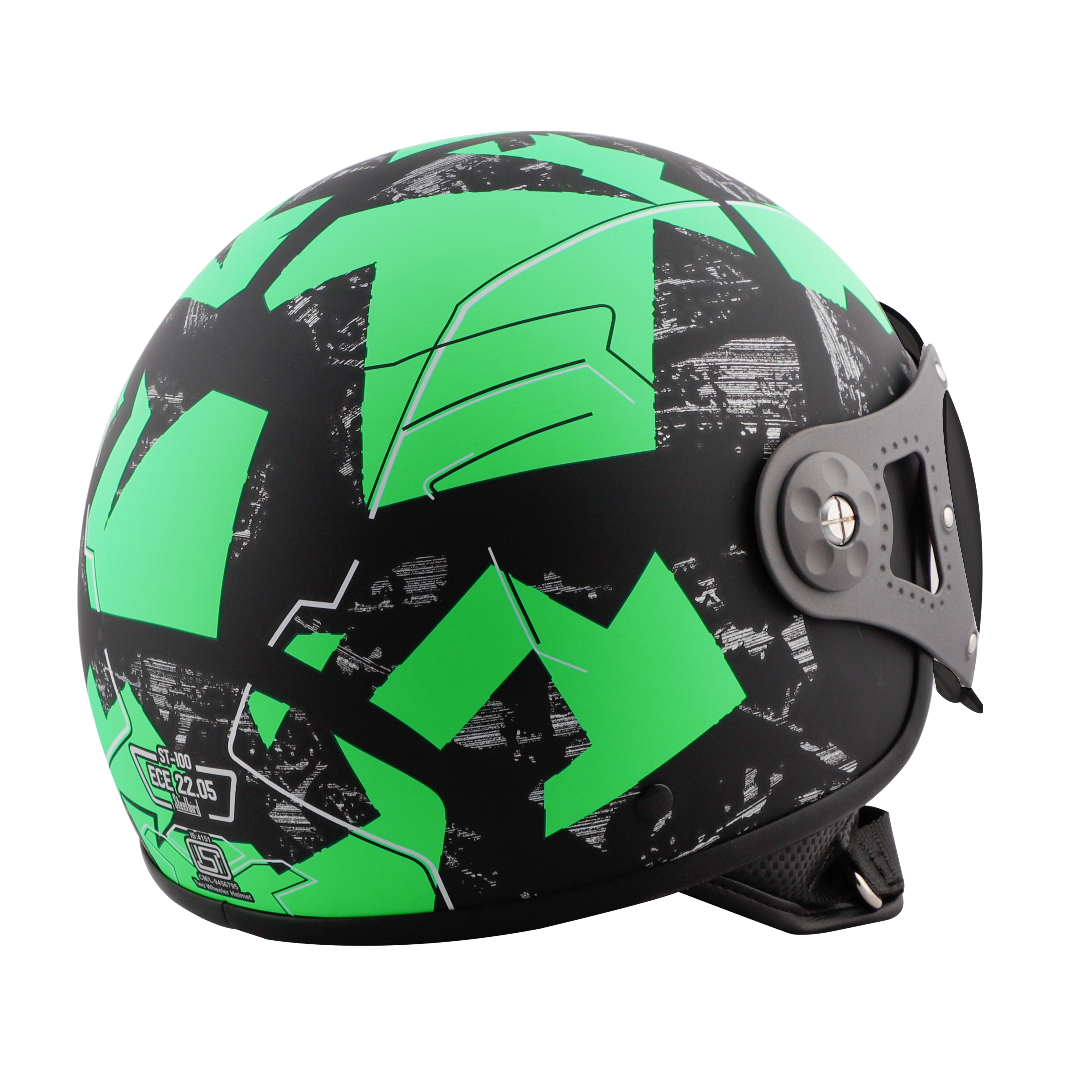 ST-100 CAMO ECE MAT BLACK WITH GREEN (FITTED WITH CLEAR VISOR. SMOKE VISOR ONLY FOR ILLUSTRATION PURPOSE)