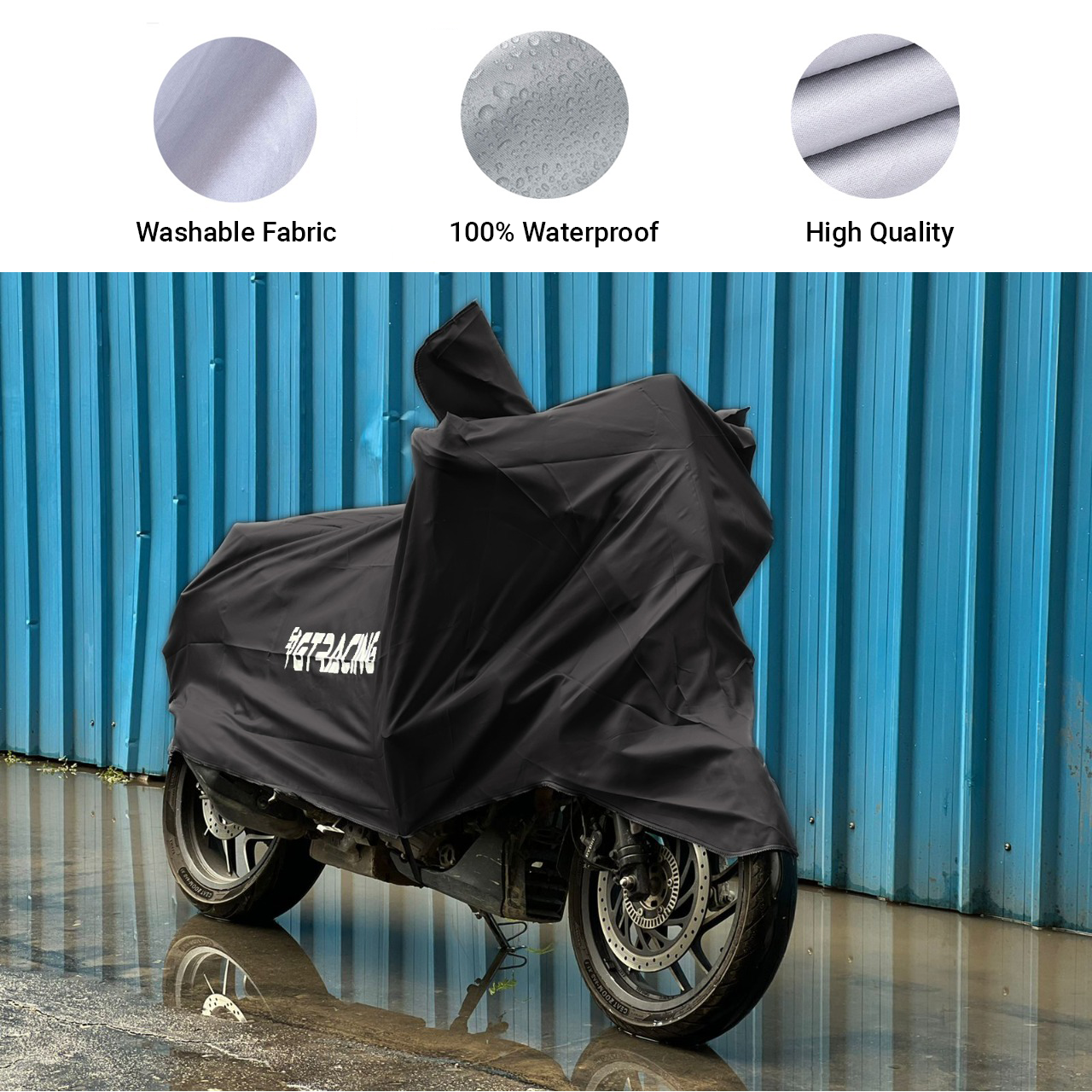 Steelbird 100% Waterproof Bike Cover GT Racing UV Protection Water-Resistant & Dustproof (Black PVC), Bike Body Cover With Carry Bag (All Bikes Upto Cruiser Bikes Size)