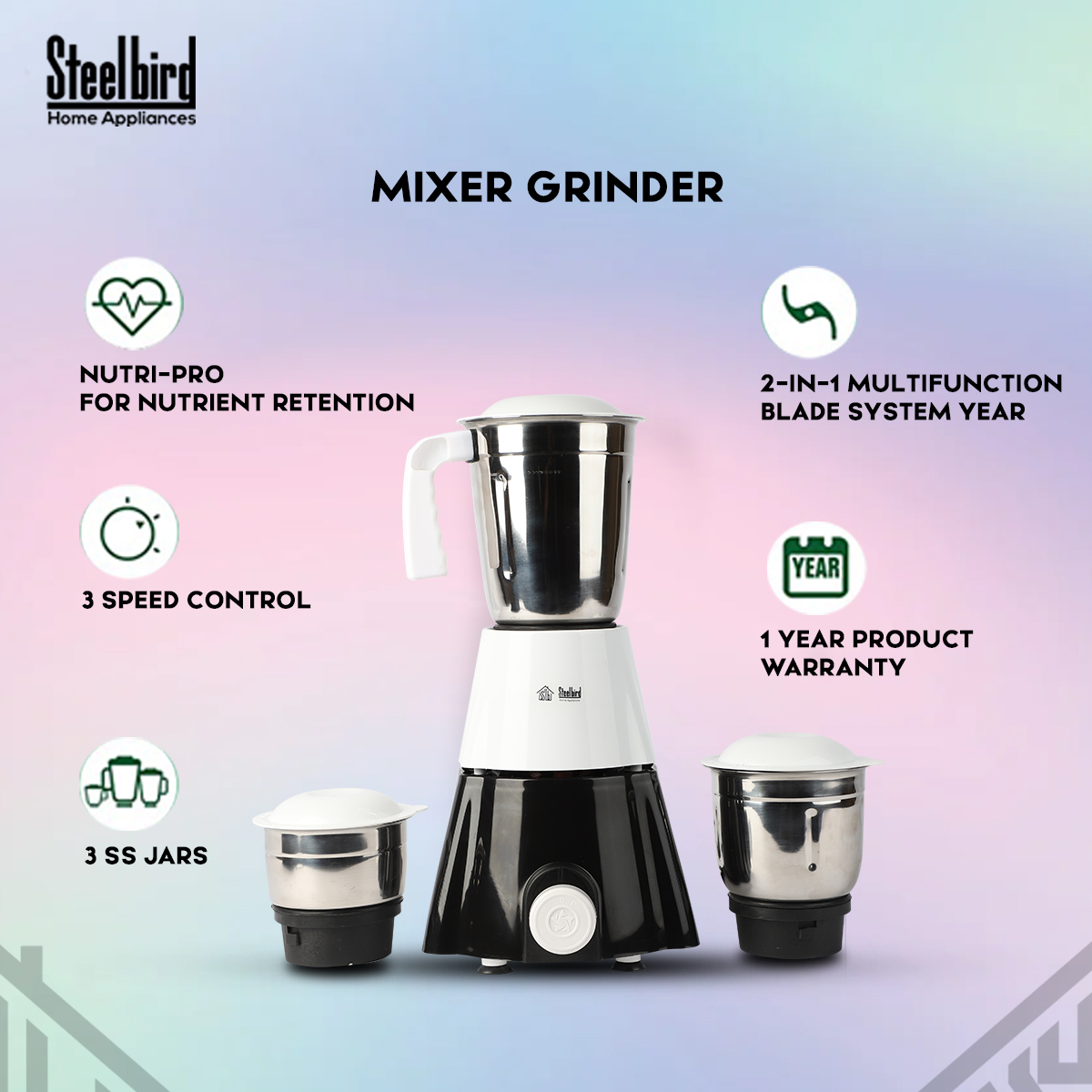 Steelbird Robot 500-Watt Mixer Grinder For (Liquidizing, Wet Grinding And Chutney Jar) With Stainless Steel Blades (Black/White)