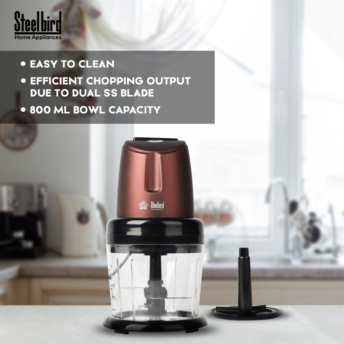 Steelbird Huracan - 300 Watts Electric Chopper With Copper Motor, Chop, Mince, Puree, Whisk, 800 Ml Capacity, One Touch Operation (Maroon)