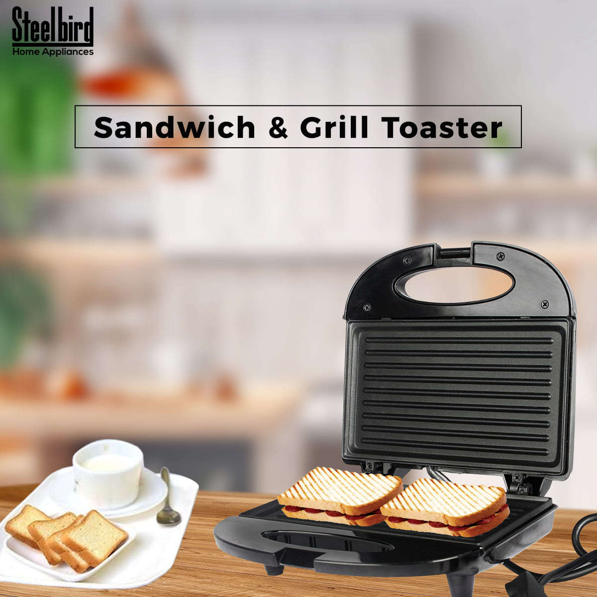 Steelbird Cyborg Toster Grill 750 Watt Grill Sandwich Maker With Non-Stick Coated Plates For Easy-to-Clean And Buckle Clips Lock (Black)