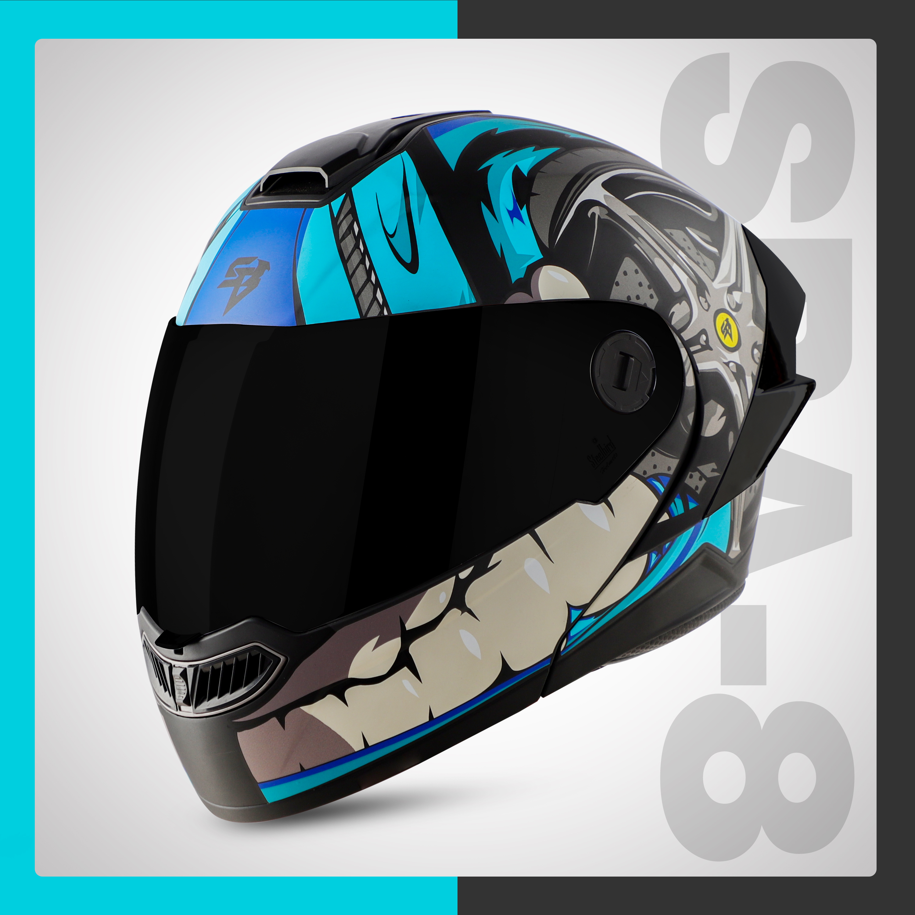 Steelbird SBA-8 Crazy Wheel ISI Certified Flip-Up Helmet For Men And Women (Matt Black Light Blue With Smoke Visor)