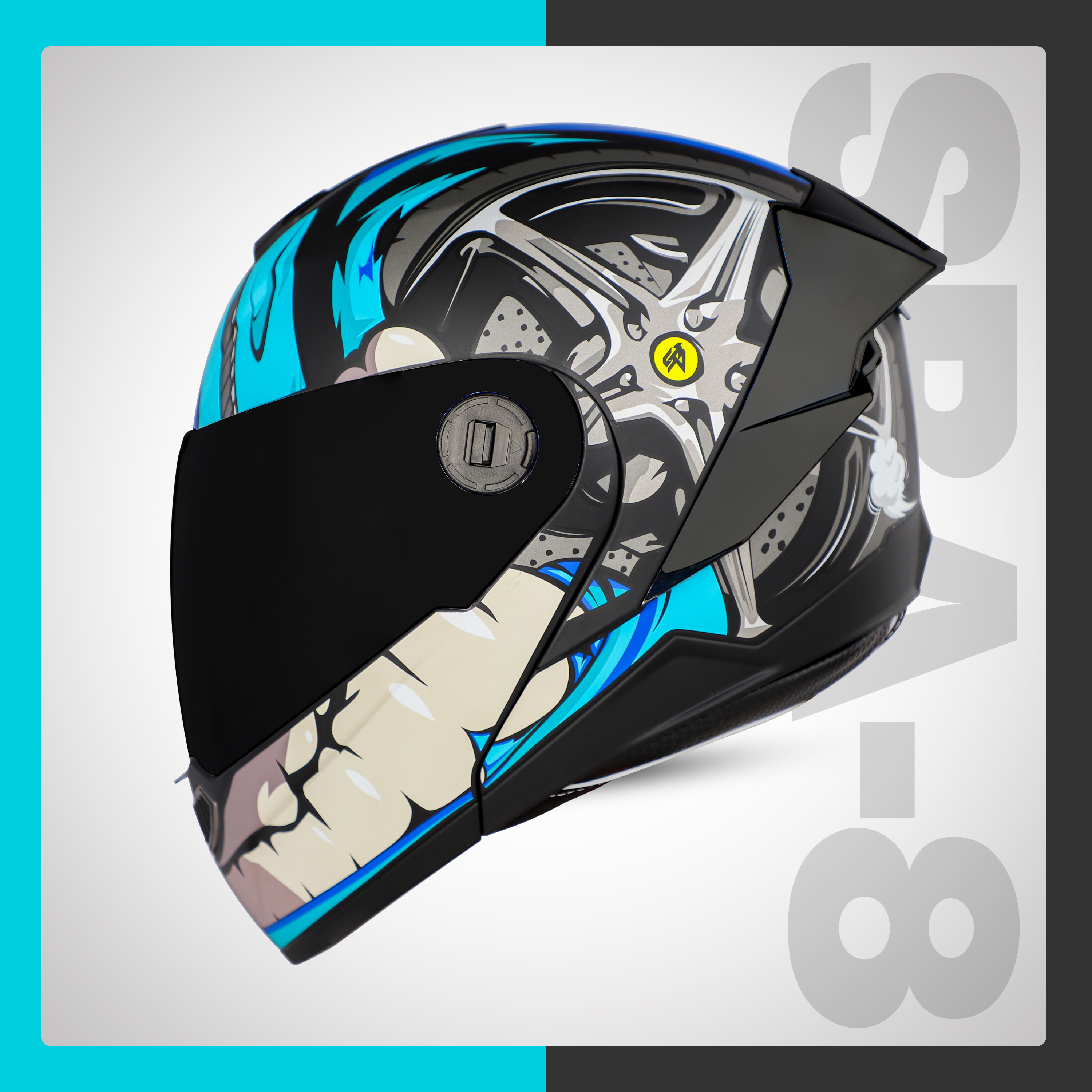 Steelbird SBA-8 Crazy Wheel ISI Certified Flip-Up Helmet For Men And Women (Matt Black Light Blue With Smoke Visor)