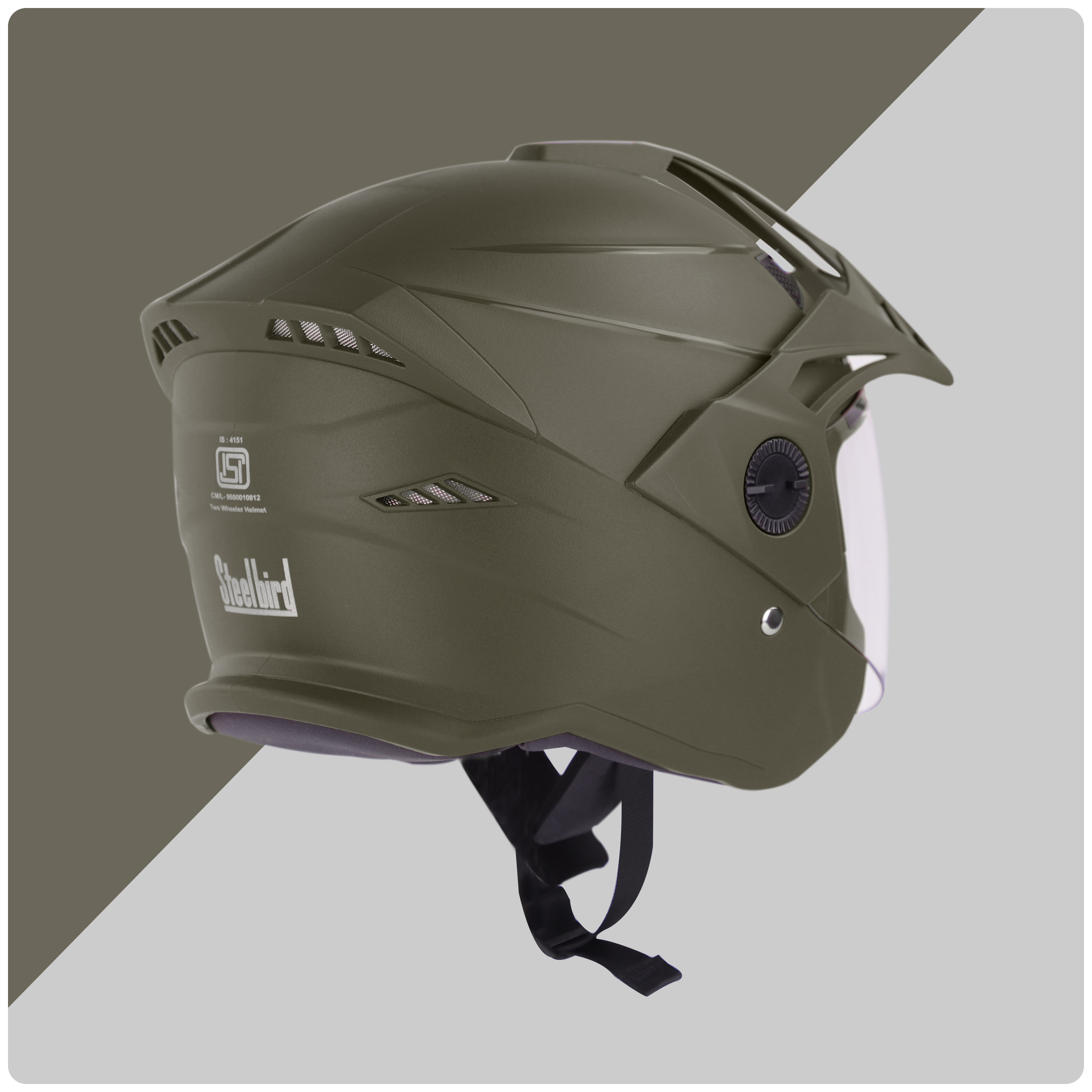 Steelbird SBH-23 Brutal ISI Certified Open Face Helmet (Dashing Battle Green With Clear Visor)