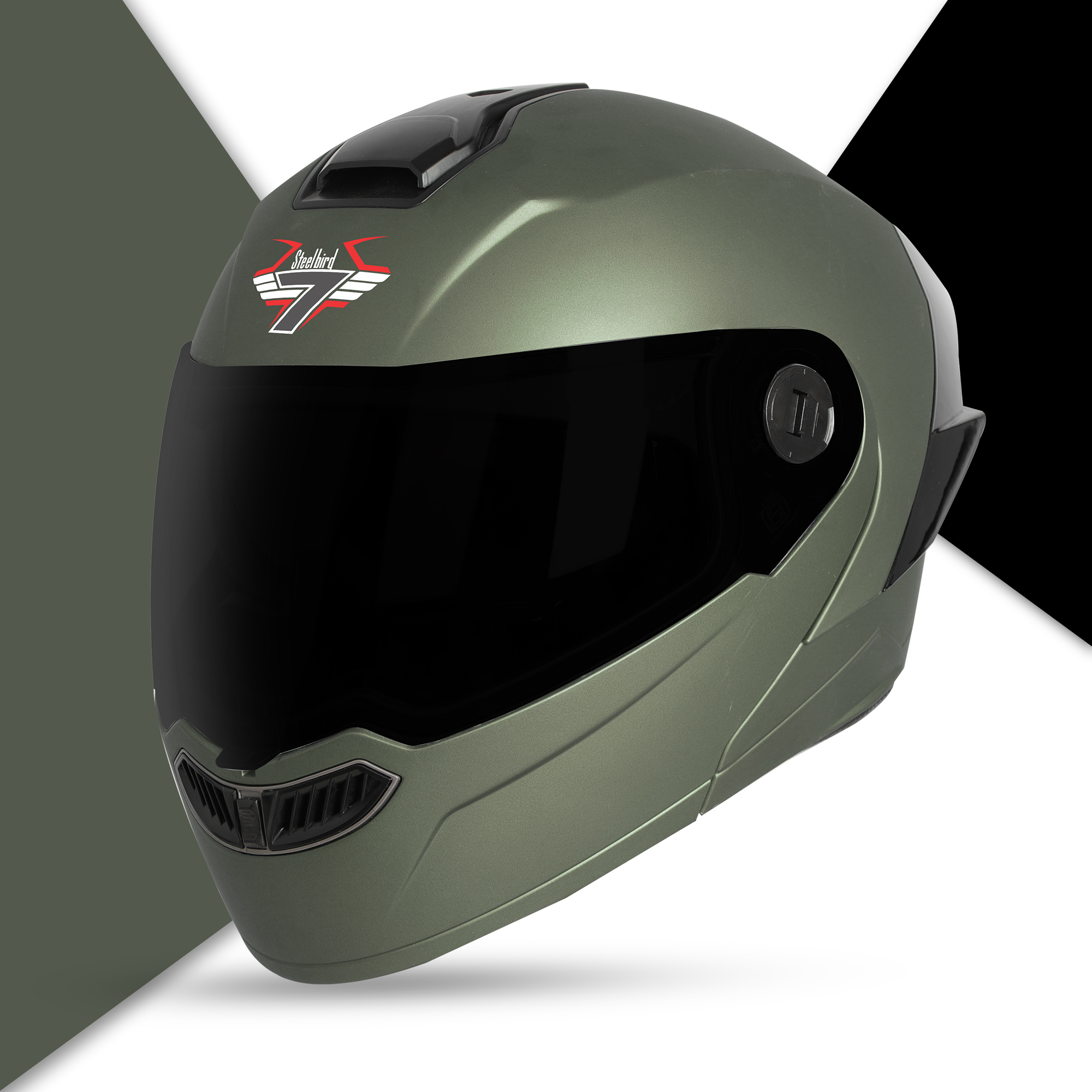 Steelbird SBA-8 7Wings ISI Certified Flip-Up Helmet For Men And Women (Matt Battle Green With Smoke Visor)