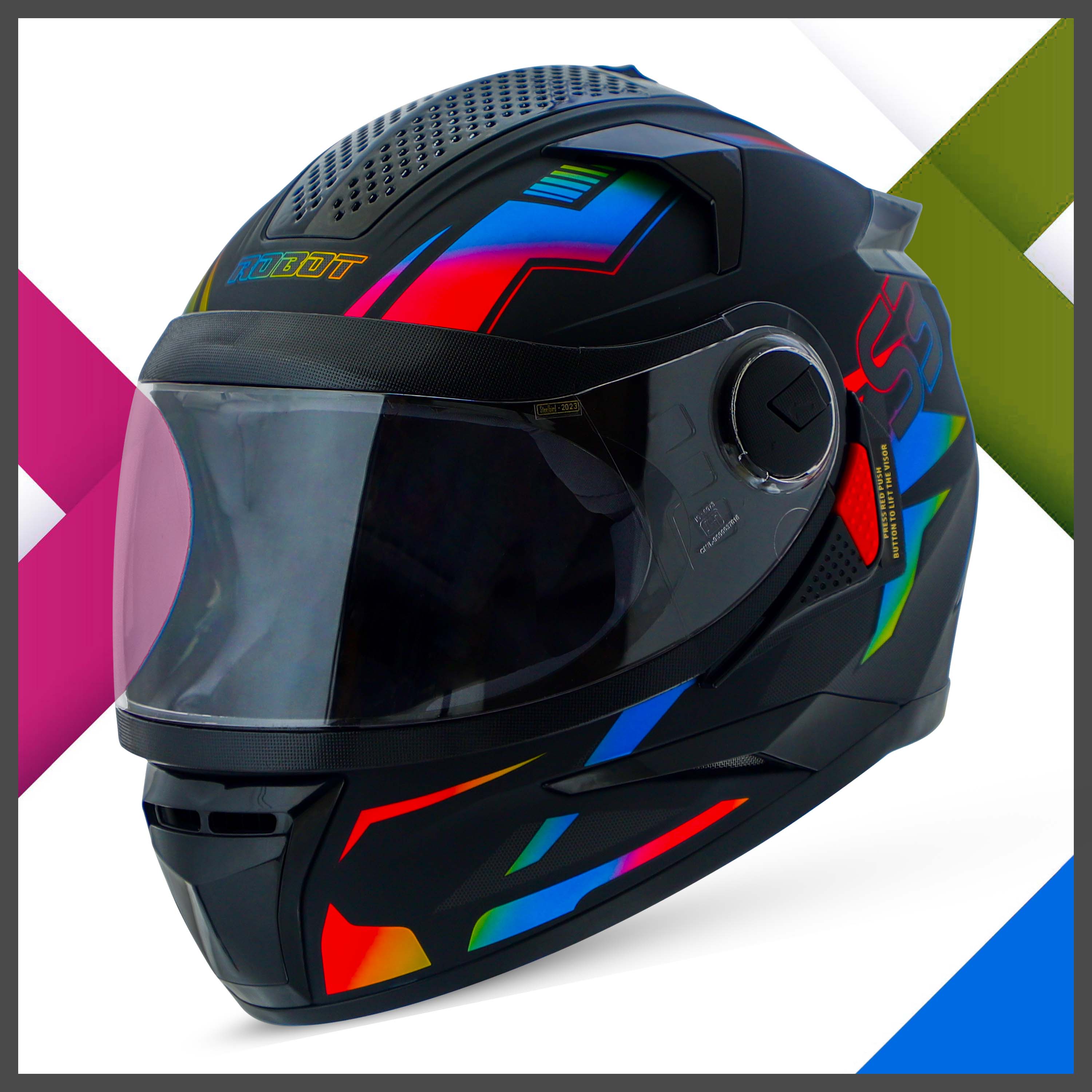 Steelbird SBH-17 Robot Terminator ISI Certified Full Face Chrome Graphic Helmet For Men And Women (Glossy Black Rainbow With Smoke Visor)