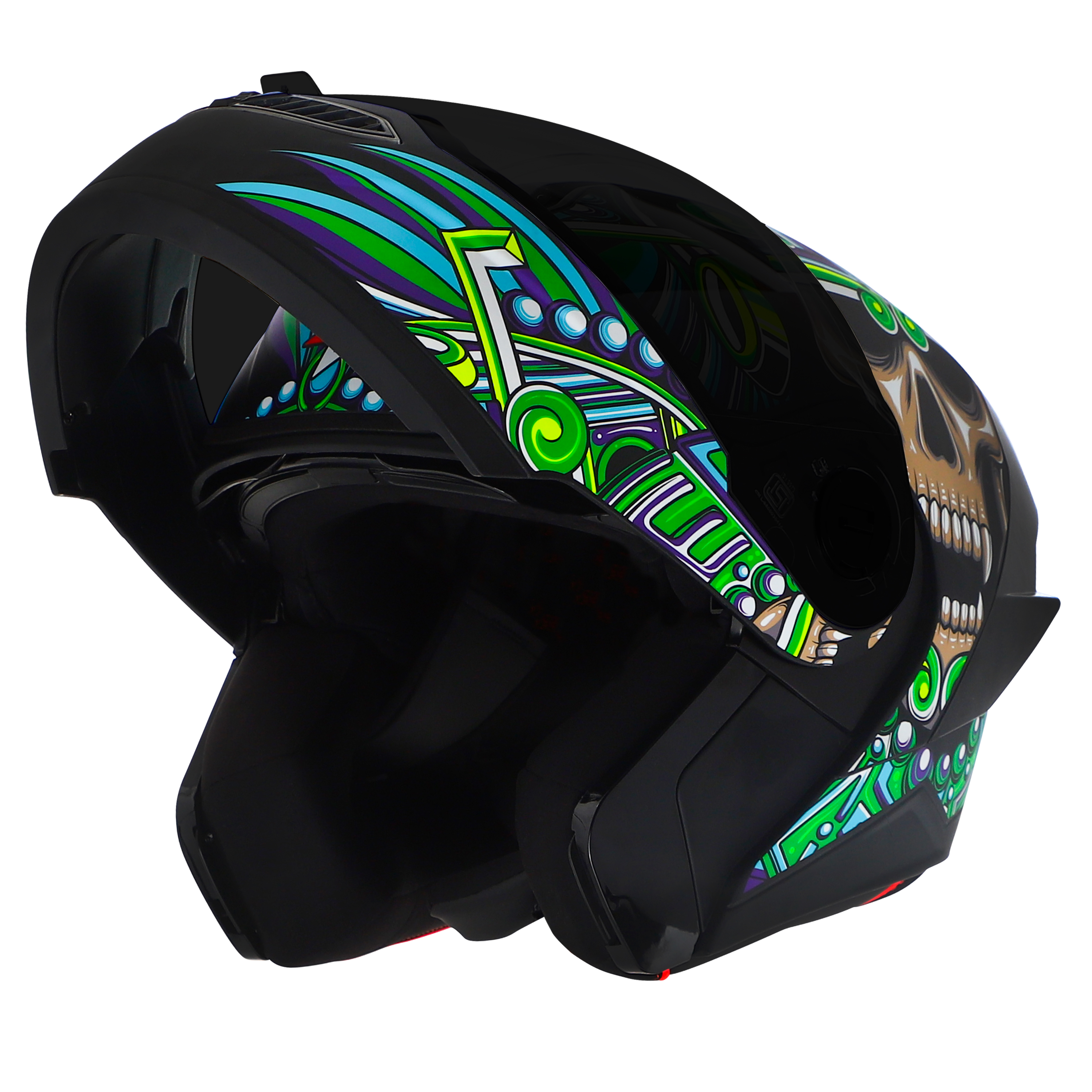 Steelbird SBA-8 Hunt ISI Certified Flip-Up Graphic Helmet For Men And Women (Glossy Black Green With Black Spoiler And Smoke Visor)