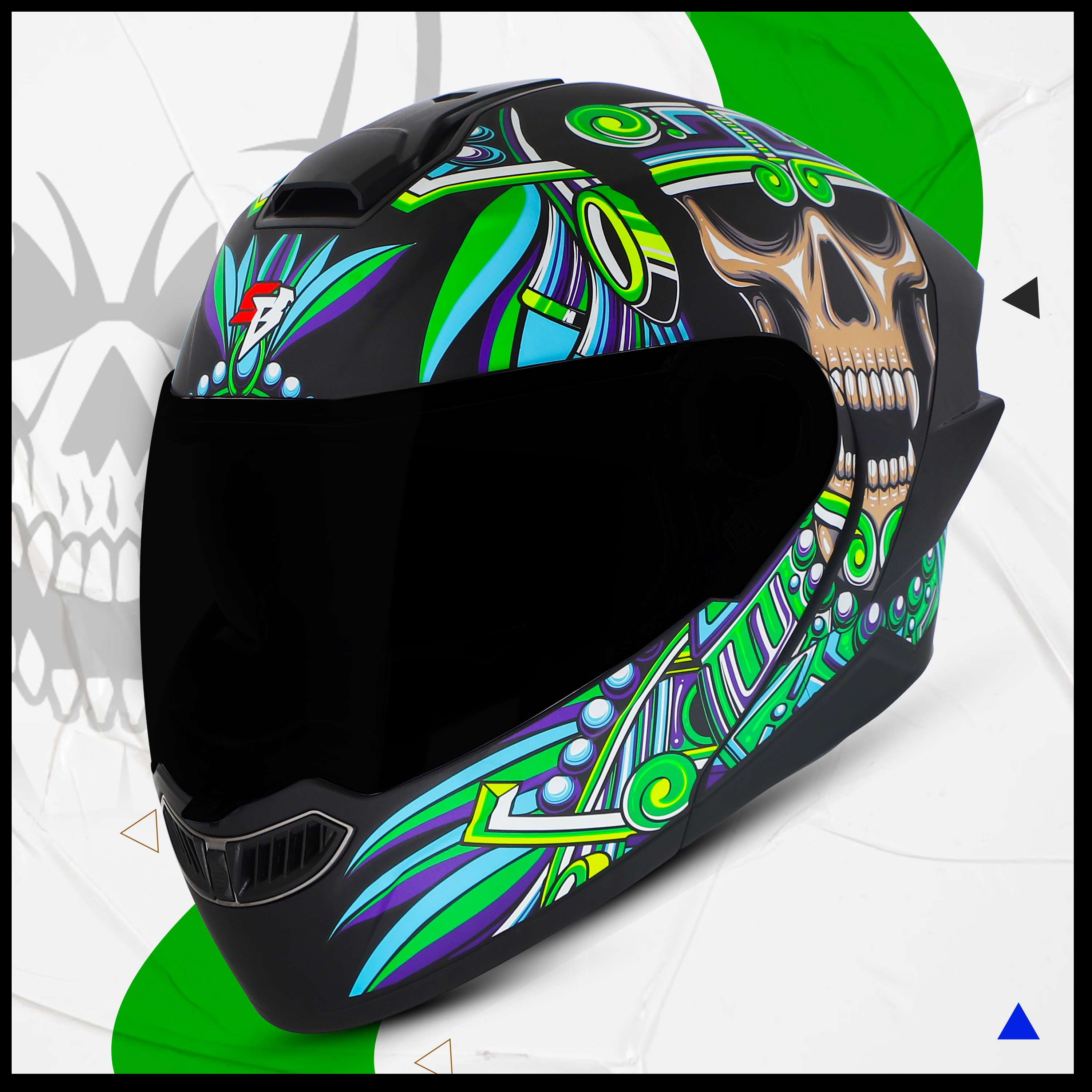 Steelbird SBA-8 Hunt ISI Certified Flip-Up Graphic Helmet For Men And Women (Glossy Black Green With Black Spoiler And Smoke Visor)