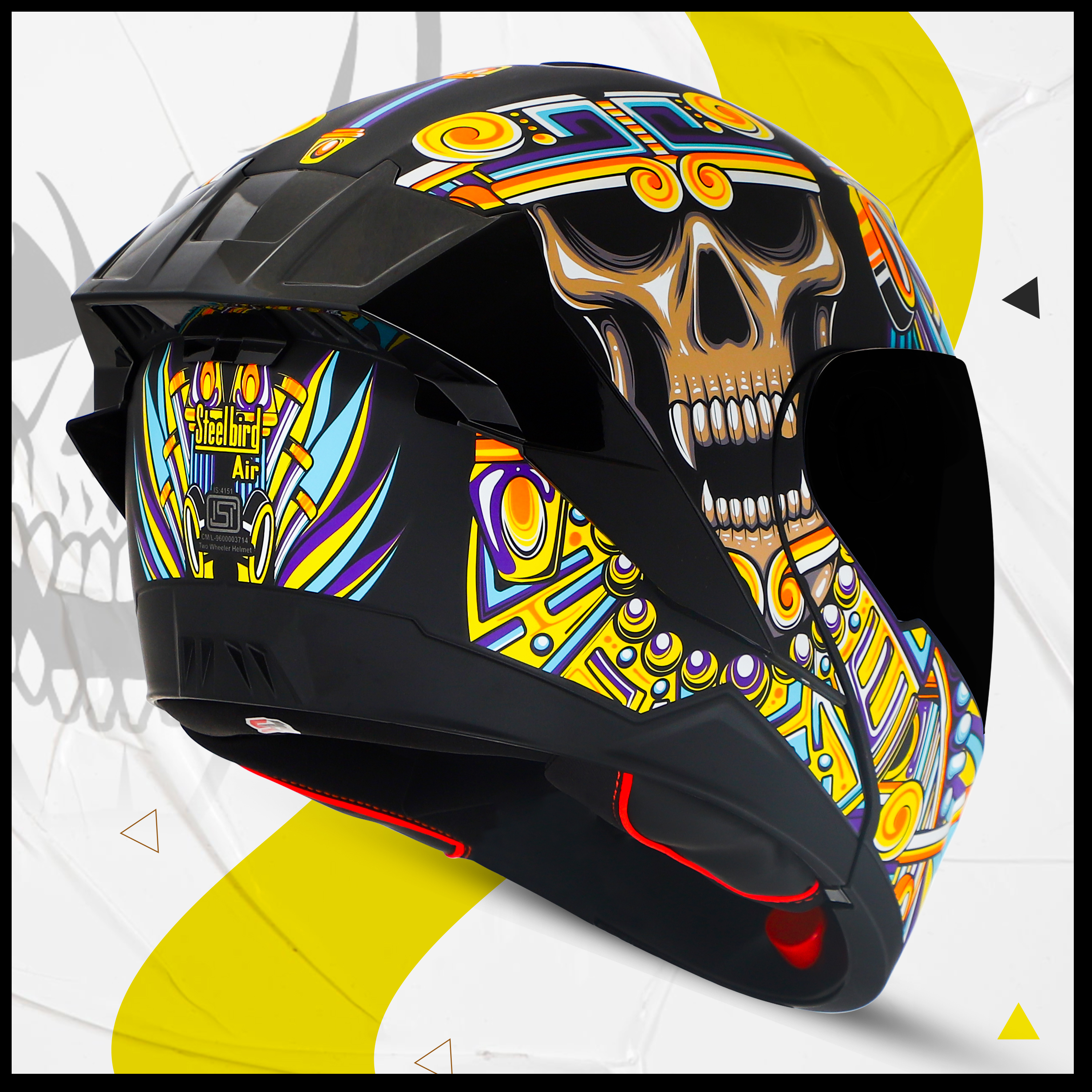 Steelbird SBA-8 Hunt ISI Certified Flip-Up Graphic Helmet For Men And Women (Glossy Black Yellow With Black Spoiler And Smoke Visor)