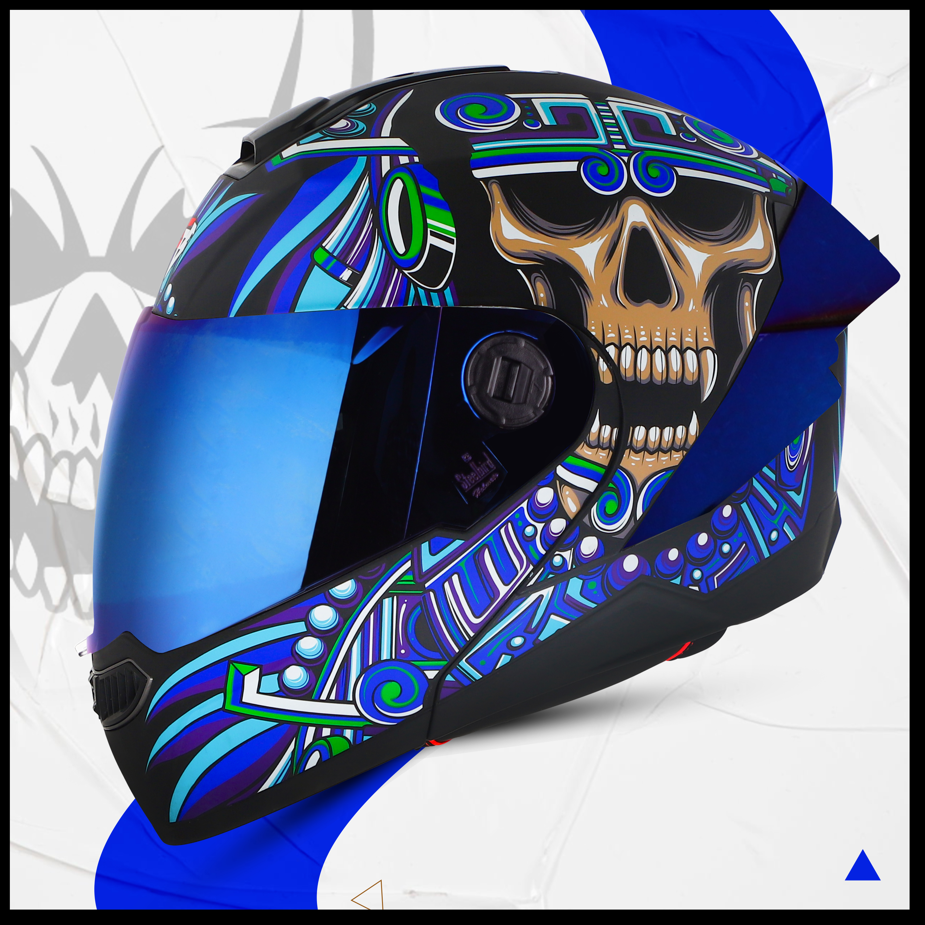 Steelbird SBA-8 Hunt ISI Certified Flip-Up Graphic Helmet For Men And Women (Glossy Black Blue With Blue Spoiler And Chrome Blue Visor)