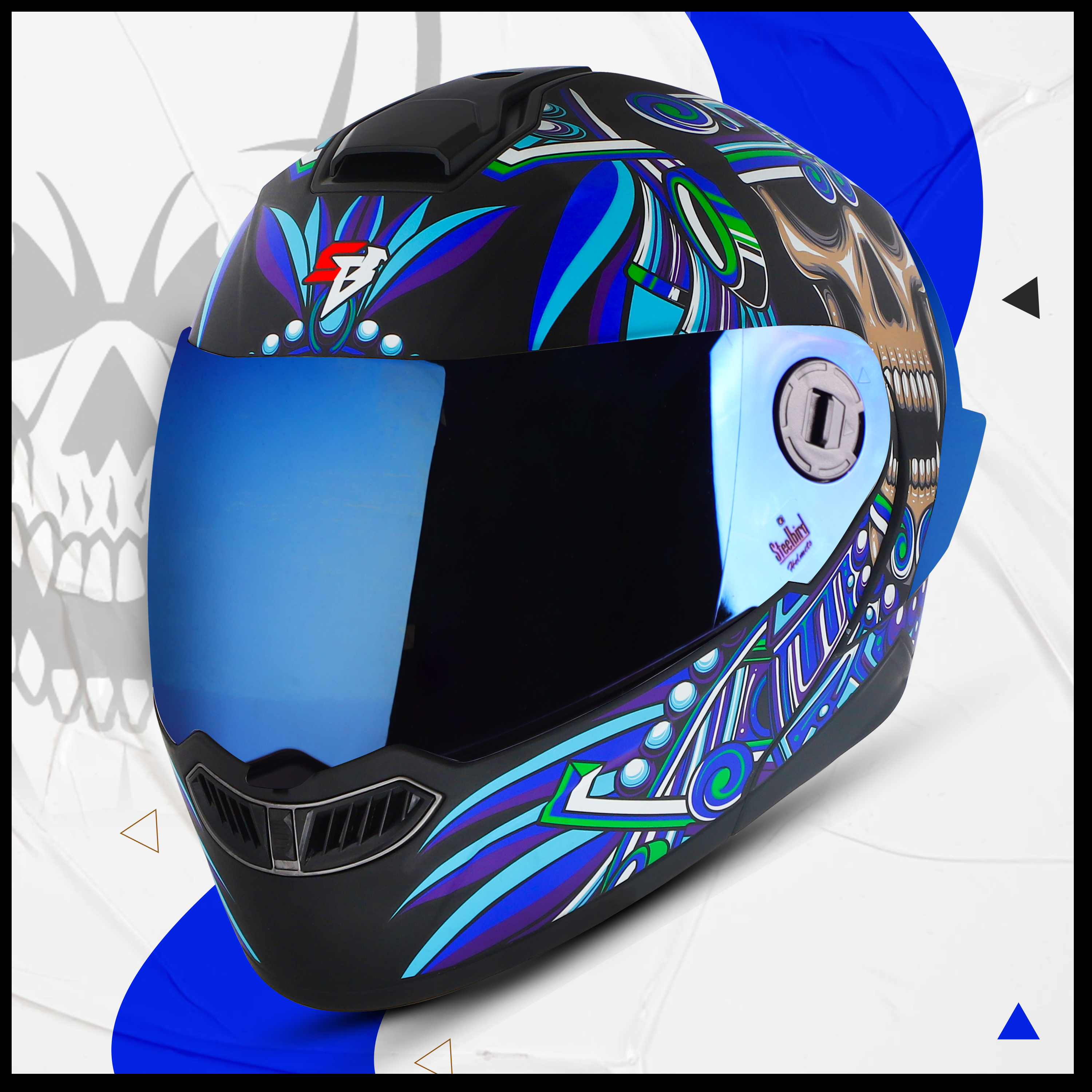 Steelbird SBA-8 Hunt ISI Certified Flip-Up Graphic Helmet For Men And Women (Glossy Black Blue With Blue Spoiler And Chrome Blue Visor)