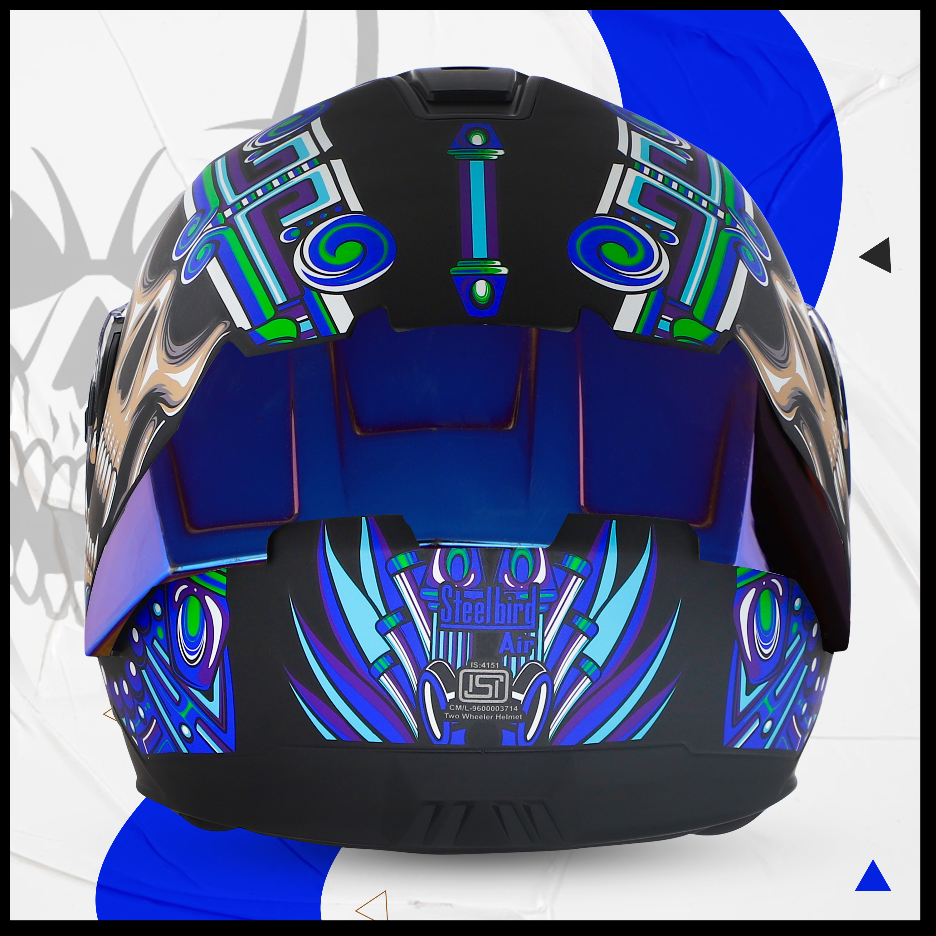 Steelbird SBA-8 Hunt ISI Certified Flip-Up Graphic Helmet For Men And Women (Glossy Black Blue With Blue Spoiler And Chrome Blue Visor)