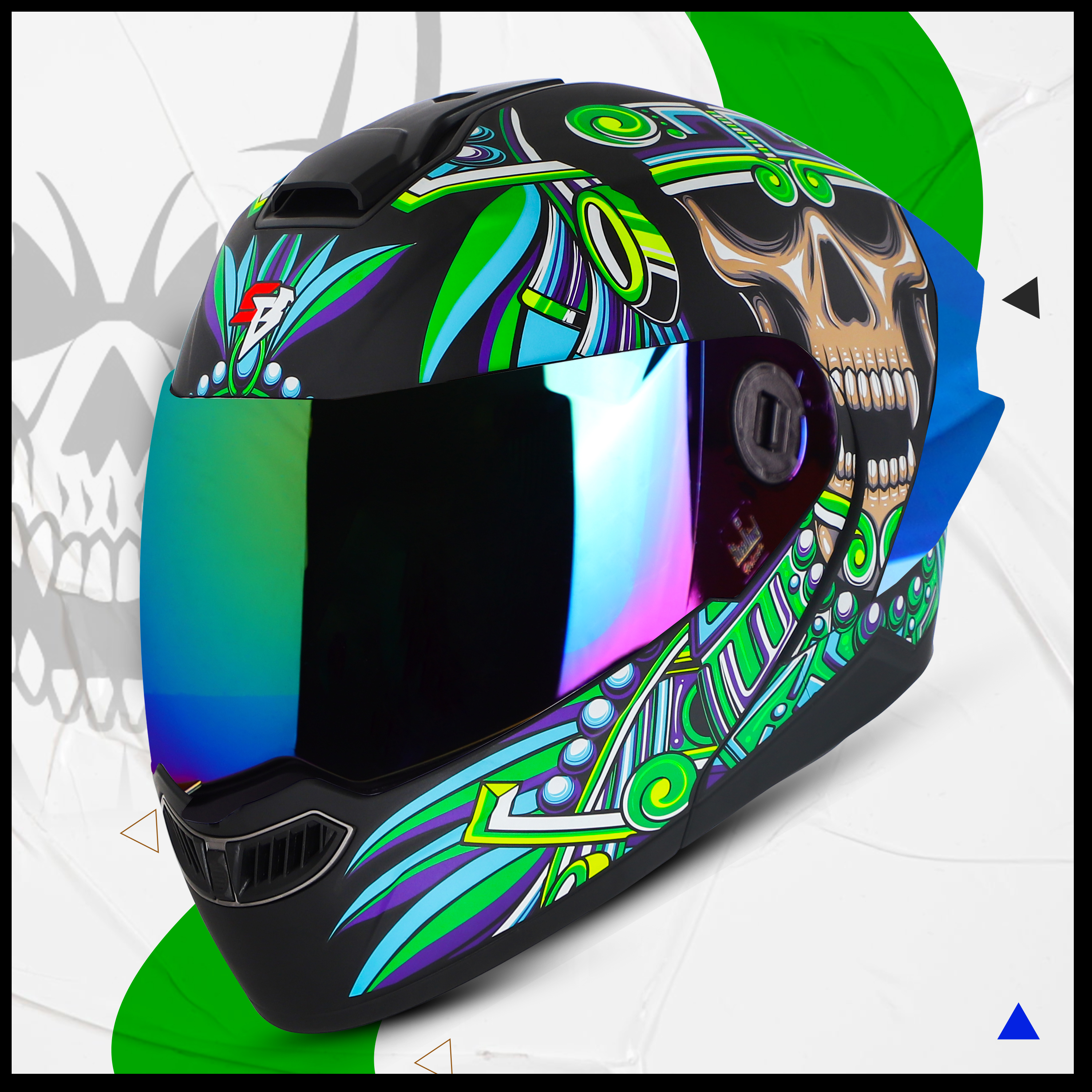 Steelbird SBA-8 Hunt ISI Certified Flip-Up Graphic Helmet For Men And Women (Glossy Black Green With Rainbow Spoiler And Chrome Rainbow Visor)