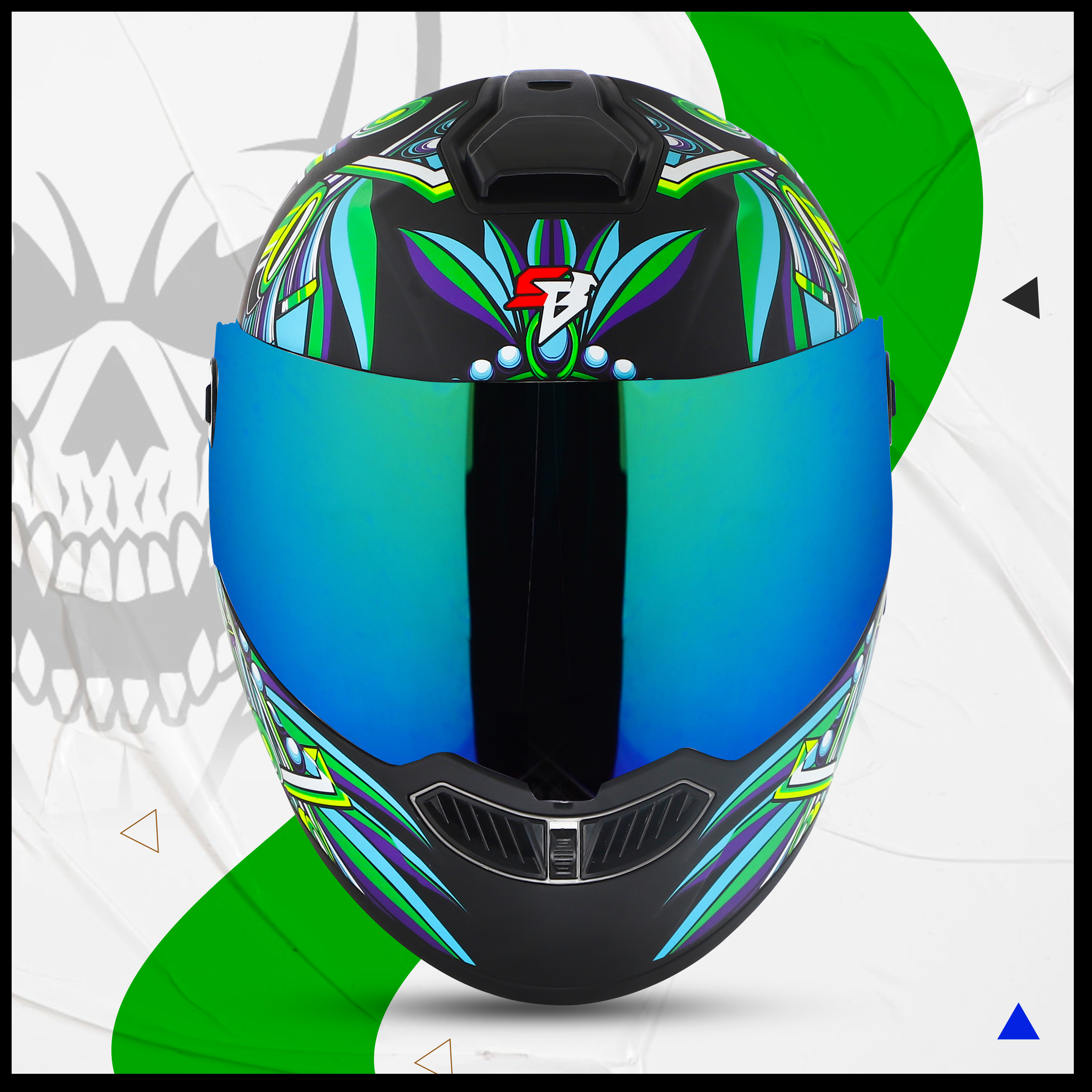 Steelbird SBA-8 Hunt ISI Certified Flip-Up Graphic Helmet For Men And Women (Glossy Black Green With Rainbow Spoiler And Chrome Rainbow Visor)