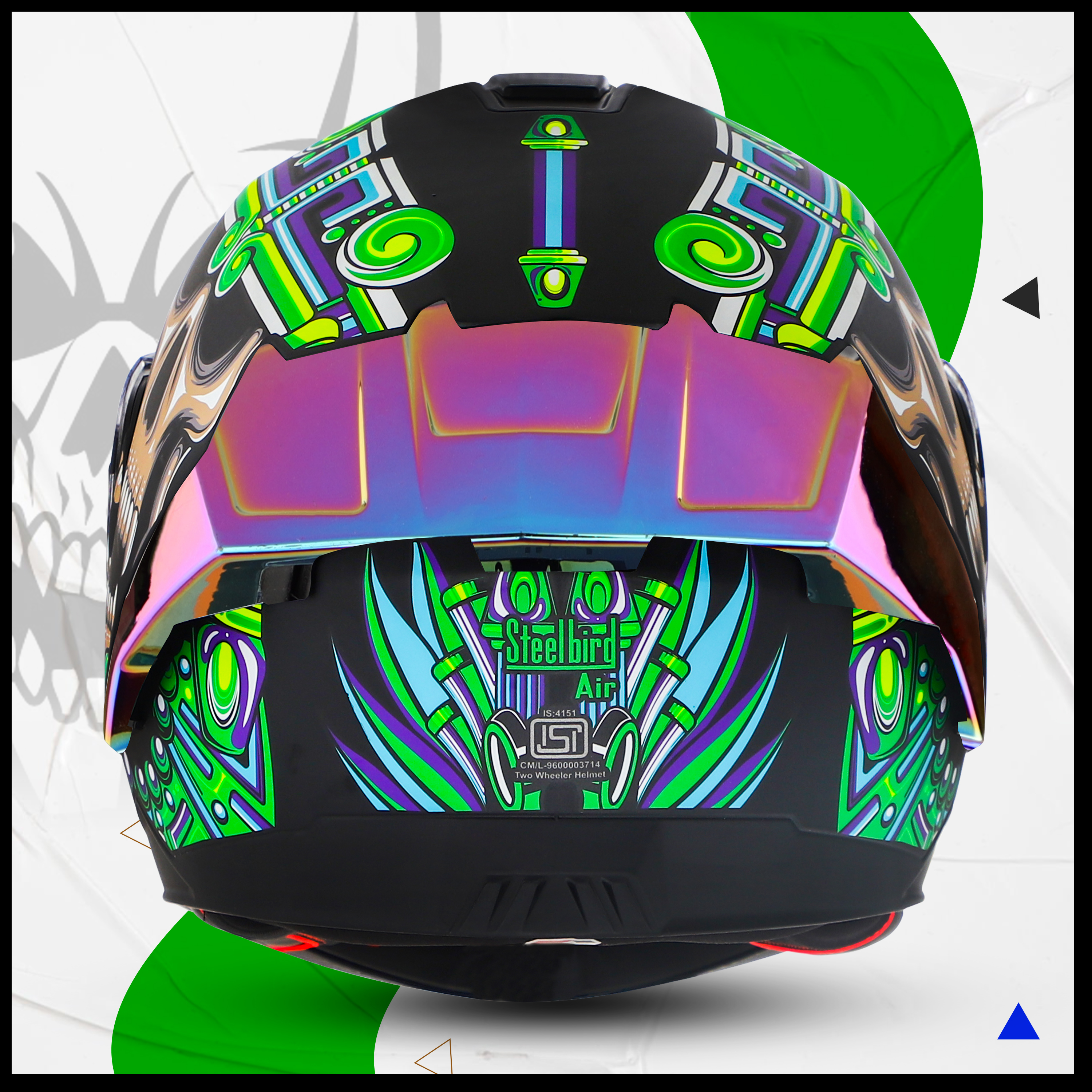 Steelbird SBA-8 Hunt ISI Certified Flip-Up Graphic Helmet For Men And Women (Glossy Black Green With Rainbow Spoiler And Chrome Rainbow Visor)