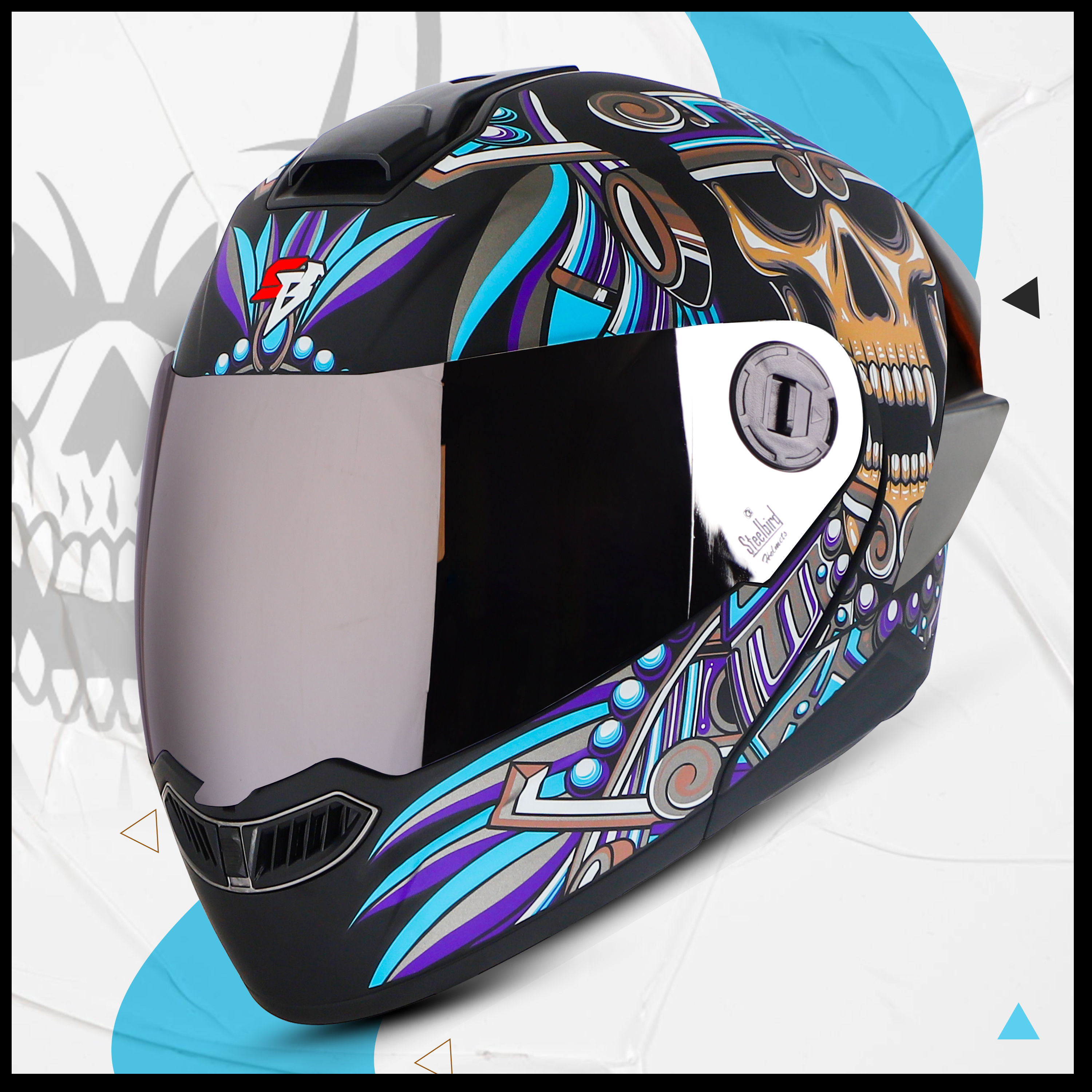 Steelbird SBA-8 Hunt ISI Certified Flip-Up Graphic Helmet For Men And Women (Glossy Black Jazz Blue With Silver Spoiler And Chrome Silver Visor)