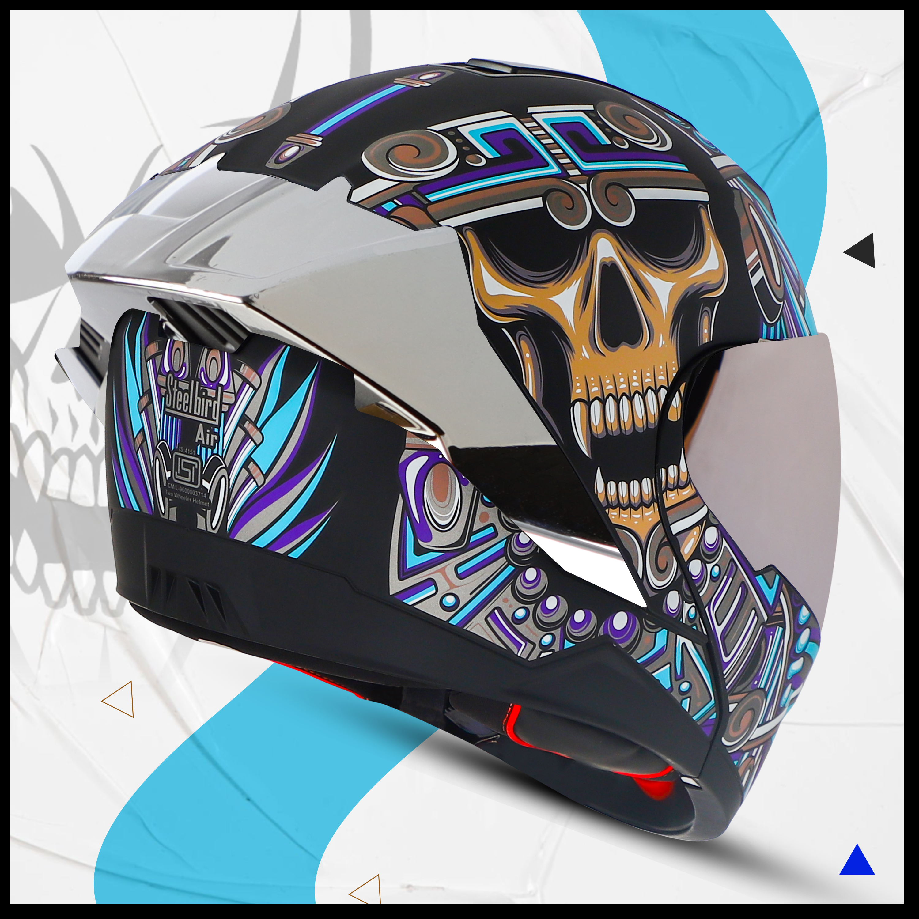 Steelbird SBA-8 Hunt ISI Certified Flip-Up Graphic Helmet For Men And Women (Glossy Black Jazz Blue With Silver Spoiler And Chrome Silver Visor)