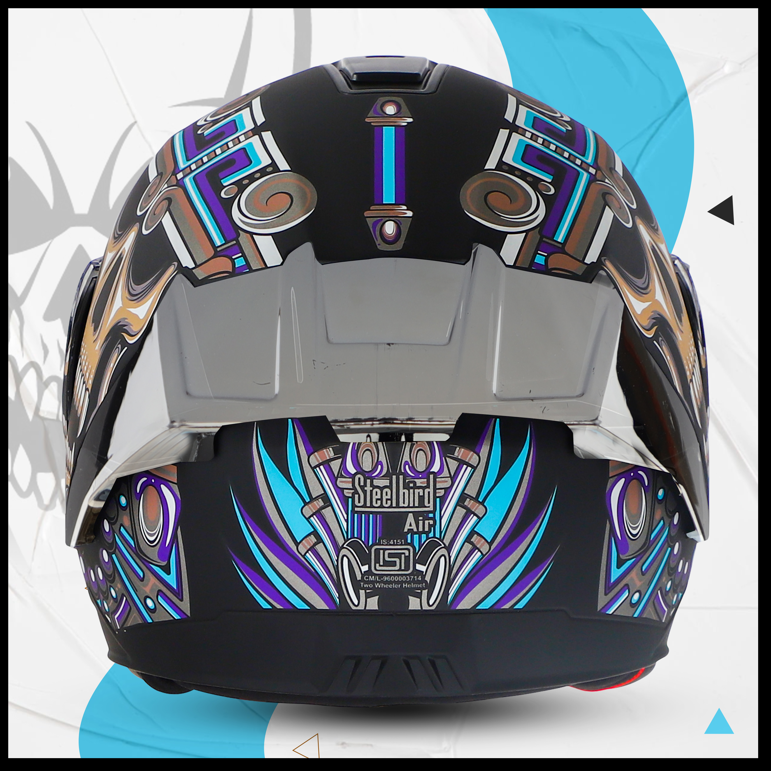 Steelbird SBA-8 Hunt ISI Certified Flip-Up Graphic Helmet For Men And Women (Glossy Black Jazz Blue With Silver Spoiler And Chrome Silver Visor)