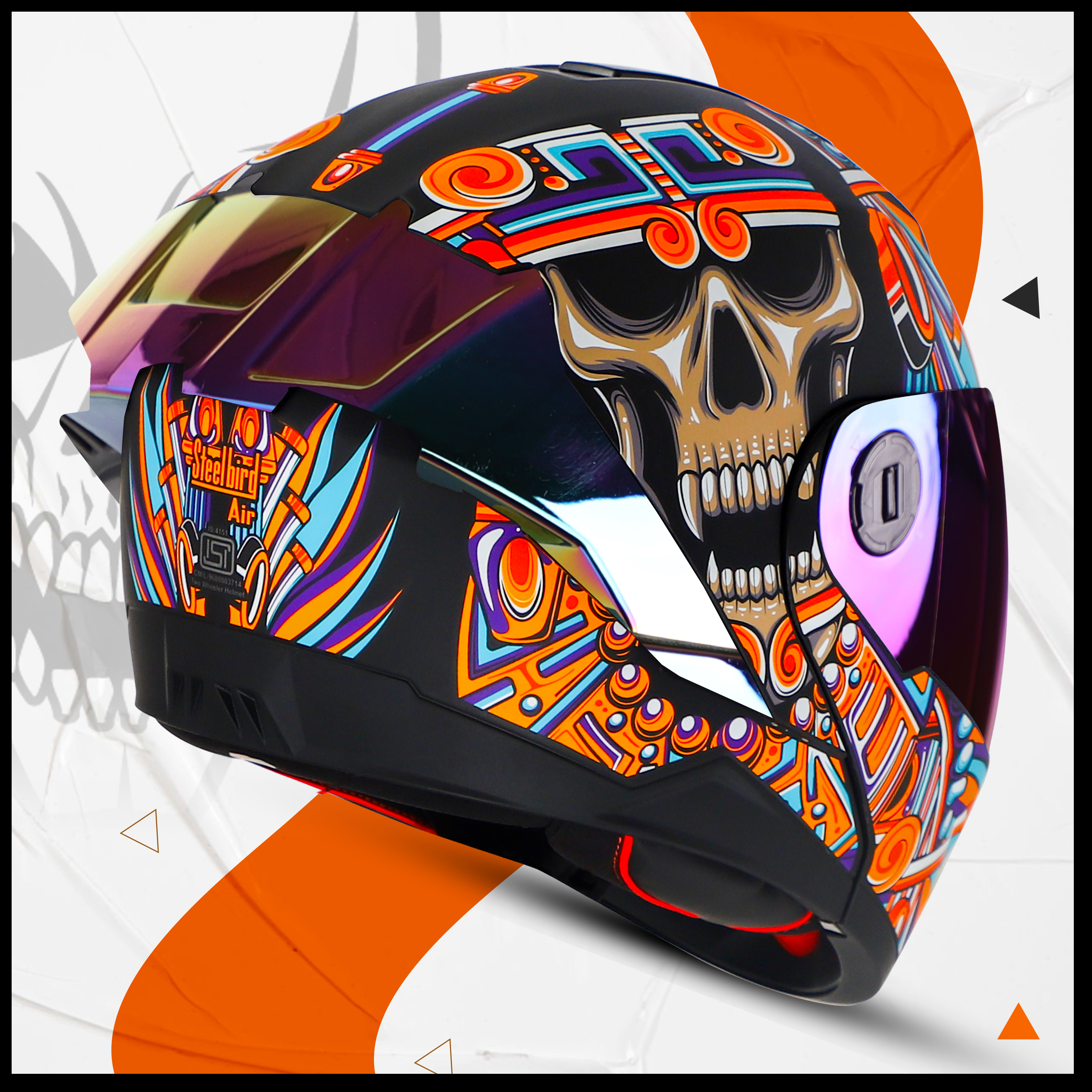 Steelbird SBA-8 Hunt ISI Certified Flip-Up Graphic Helmet For Men And Women (Glossy Black Orange With Rainbow Spoiler And Chrome Rainbow Visor)