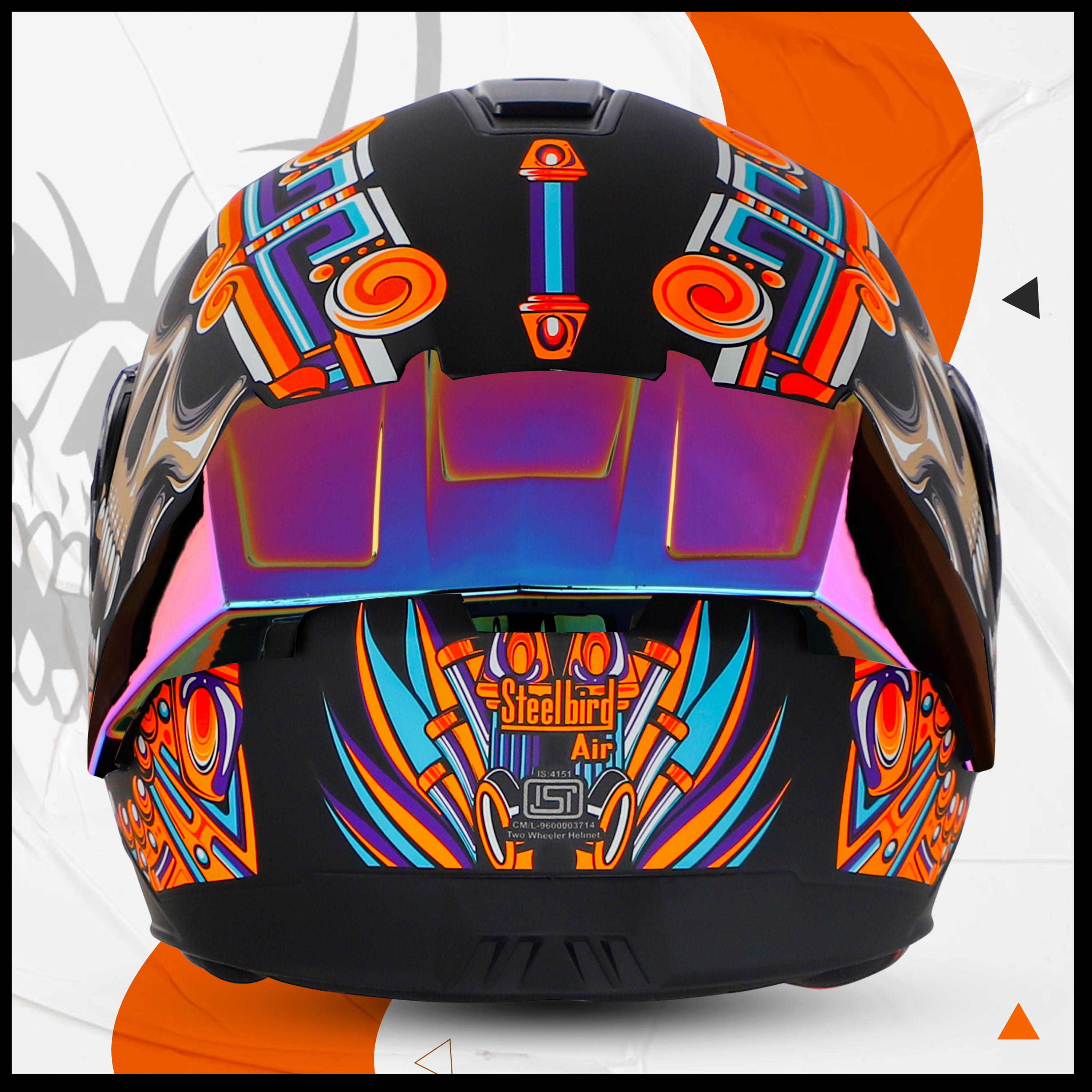 Steelbird SBA-8 Hunt ISI Certified Flip-Up Graphic Helmet For Men And Women (Glossy Black Orange With Rainbow Spoiler And Chrome Rainbow Visor)