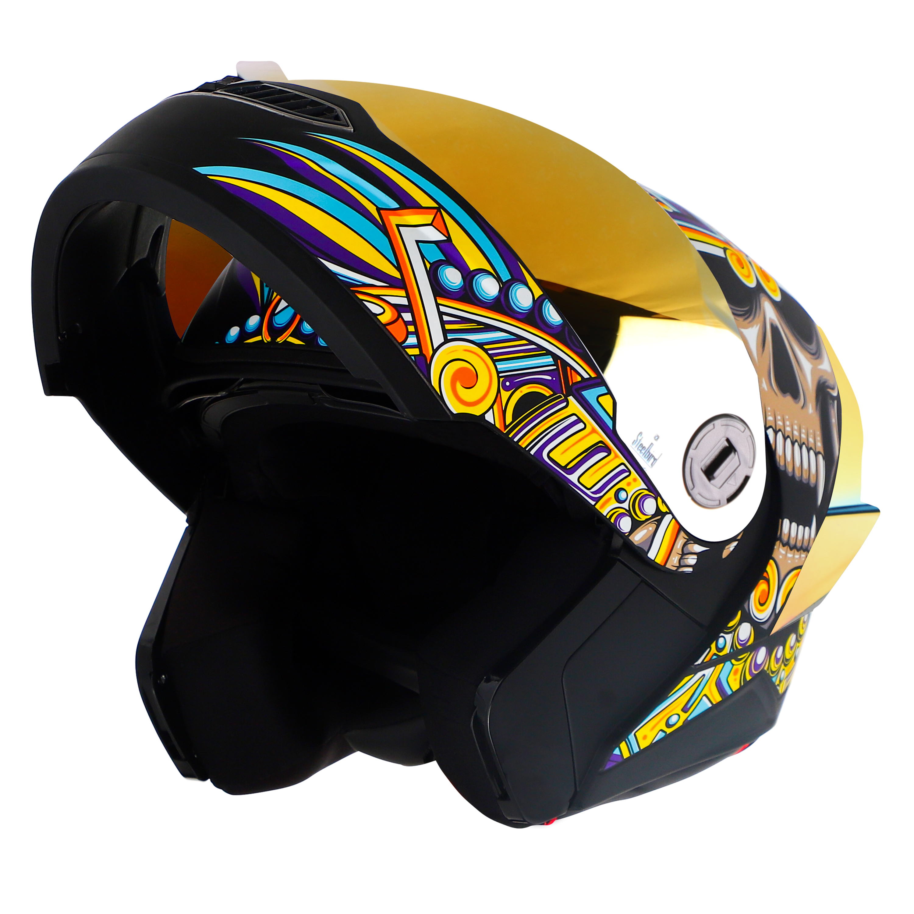 Steelbird SBA-8 Hunt ISI Certified Flip-Up Graphic Helmet For Men And Women (Glossy Black Yellow With Gold Spoiler And Chrome Gold Visor)