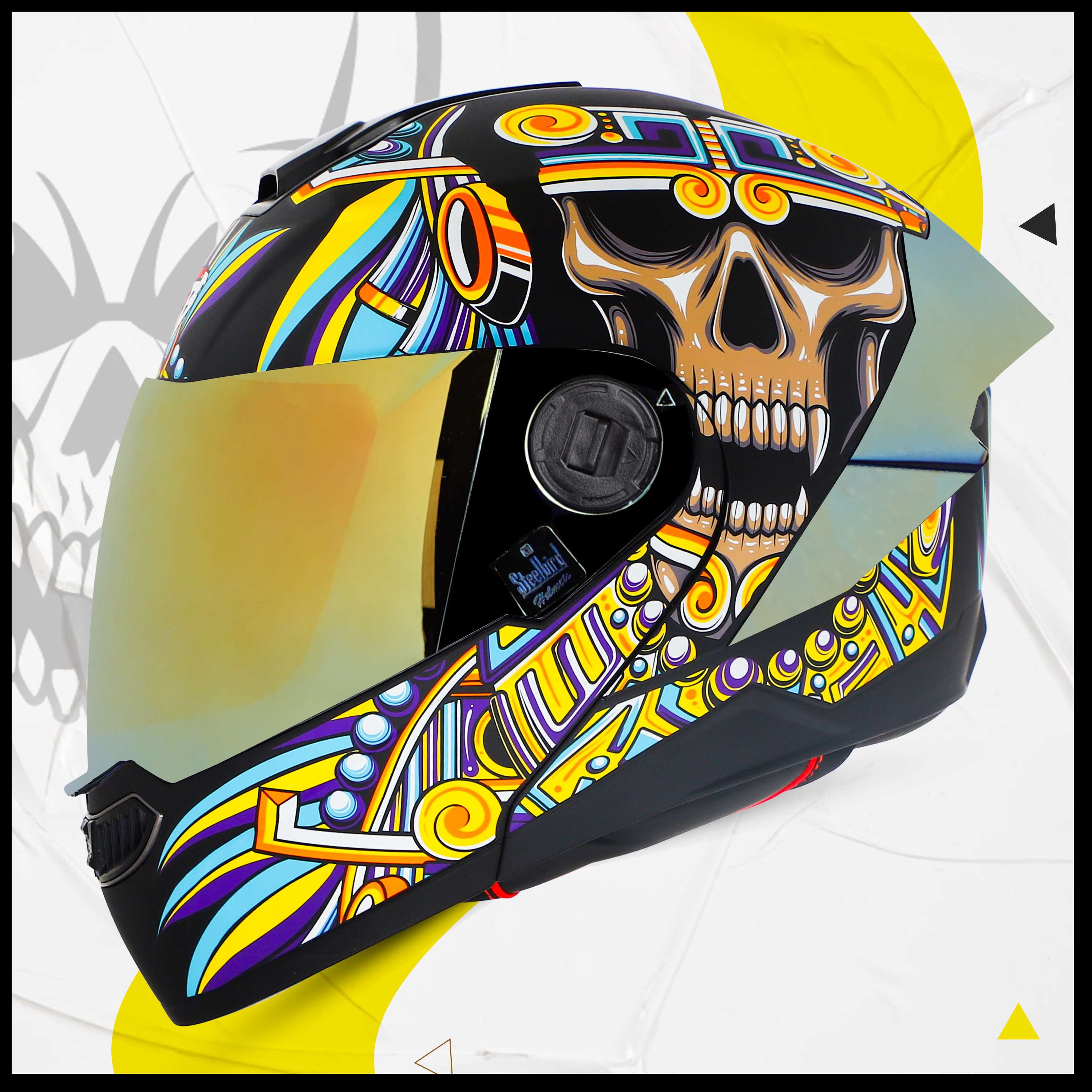 Steelbird SBA-8 Hunt ISI Certified Flip-Up Graphic Helmet For Men And Women (Glossy Black Yellow With Gold Spoiler And Chrome Gold Visor)