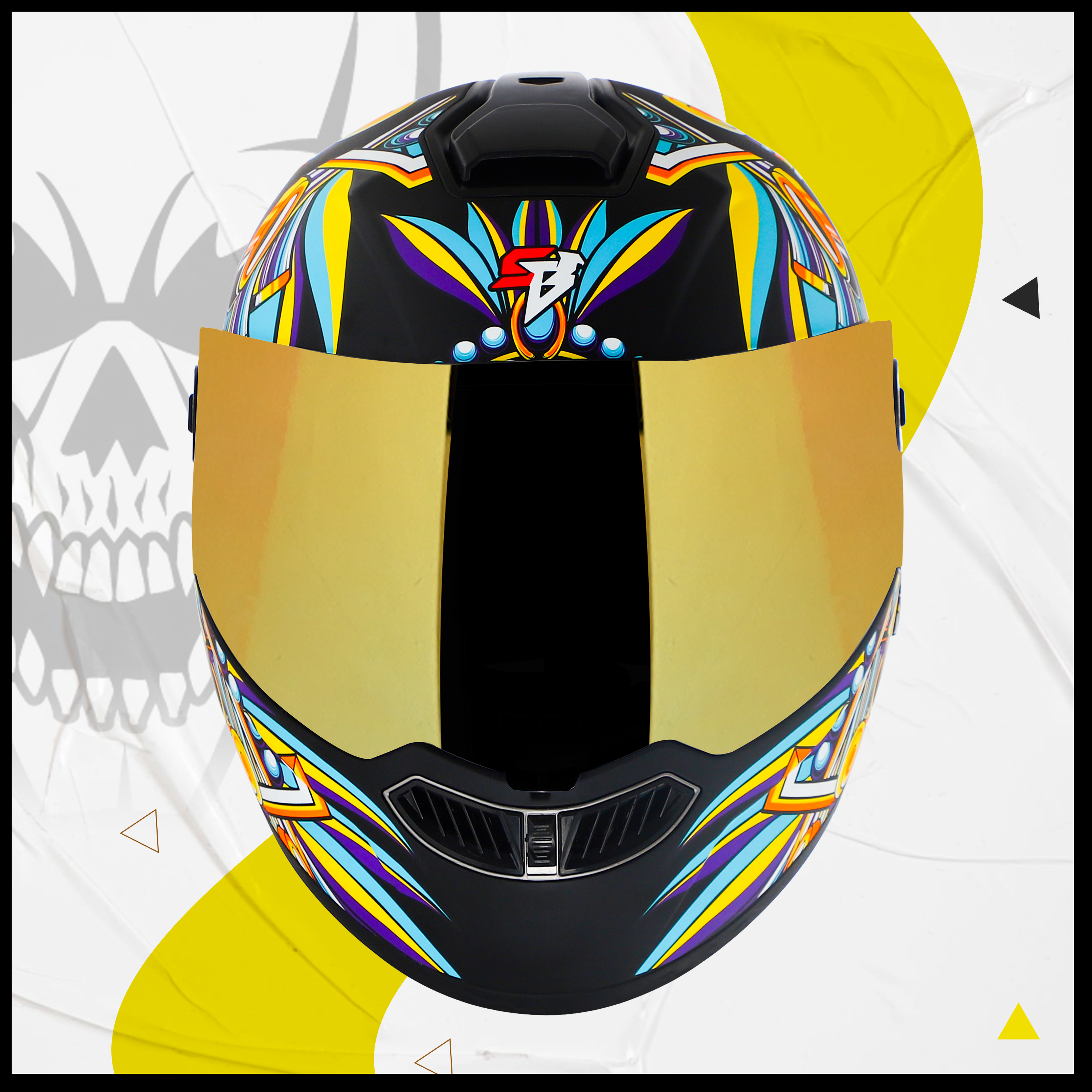 Steelbird SBA-8 Hunt ISI Certified Flip-Up Graphic Helmet For Men And Women (Glossy Black Yellow With Gold Spoiler And Chrome Gold Visor)