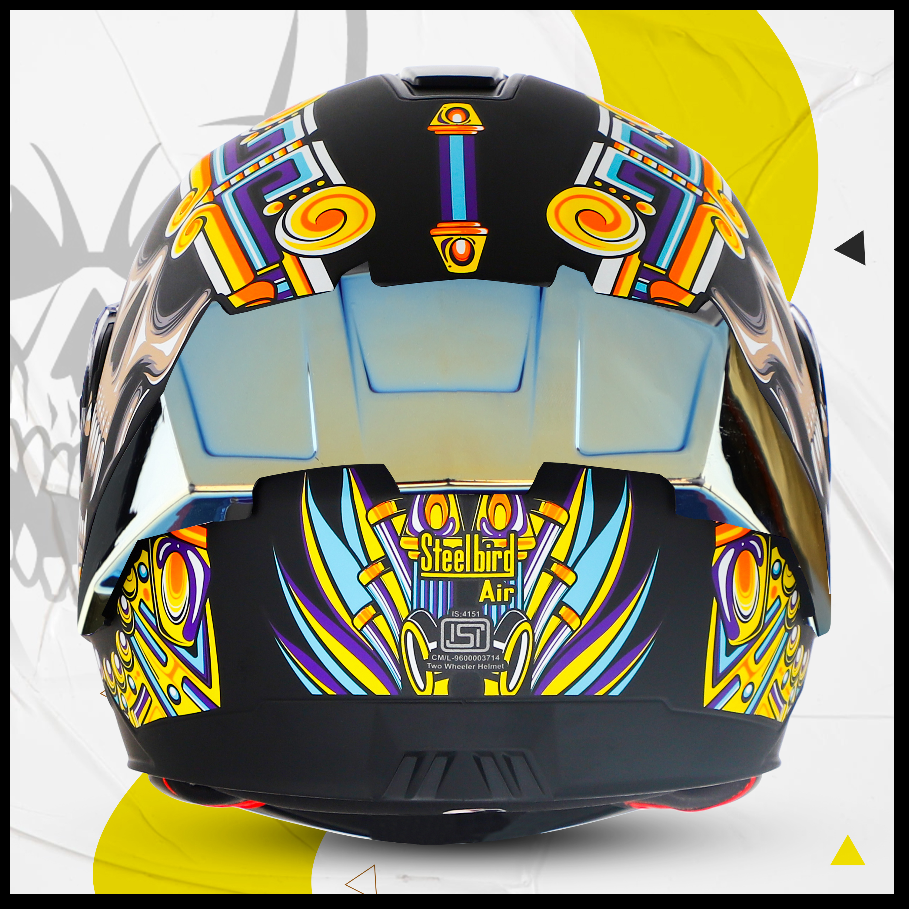 Steelbird SBA-8 Hunt ISI Certified Flip-Up Graphic Helmet For Men And Women (Glossy Black Yellow With Gold Spoiler And Chrome Gold Visor)