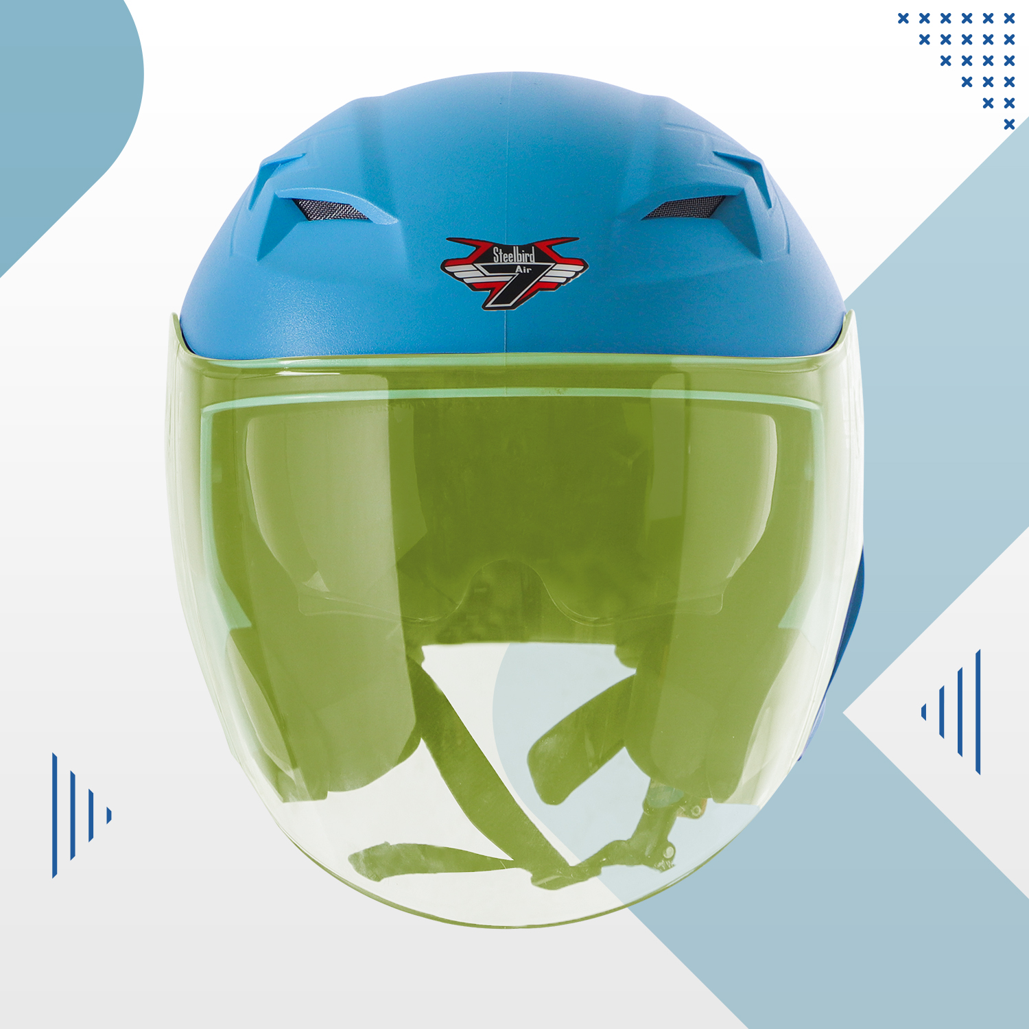 Steelbird SBA-17 7Wings ISI Certified Open Face Helmet For Men And Women With Inner Smoke Sun Shield (Dashing Jazz Blue With Tinted Yellow Visor)