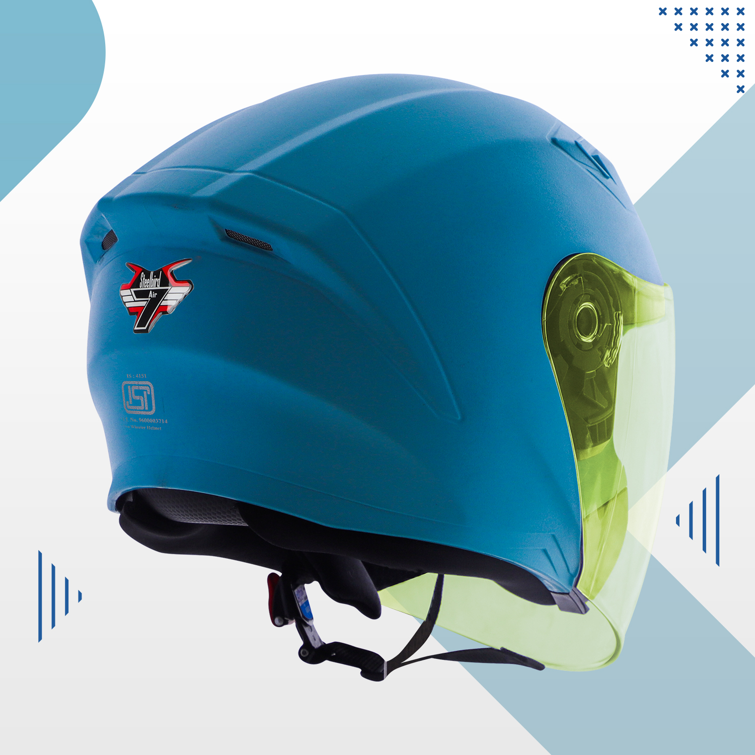 Steelbird SBA-17 7Wings ISI Certified Open Face Helmet For Men And Women With Inner Smoke Sun Shield (Dashing Jazz Blue With Tinted Yellow Visor)