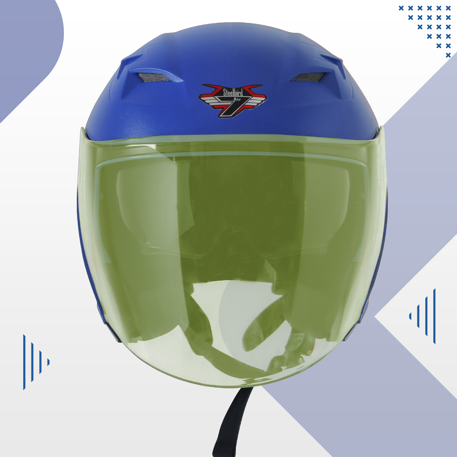 Steelbird SBA-17 7Wings ISI Certified Open Face Helmet For Men And Women With Inner Smoke Sun Shield (Dashing Blue With Tinted Yellow Visor)