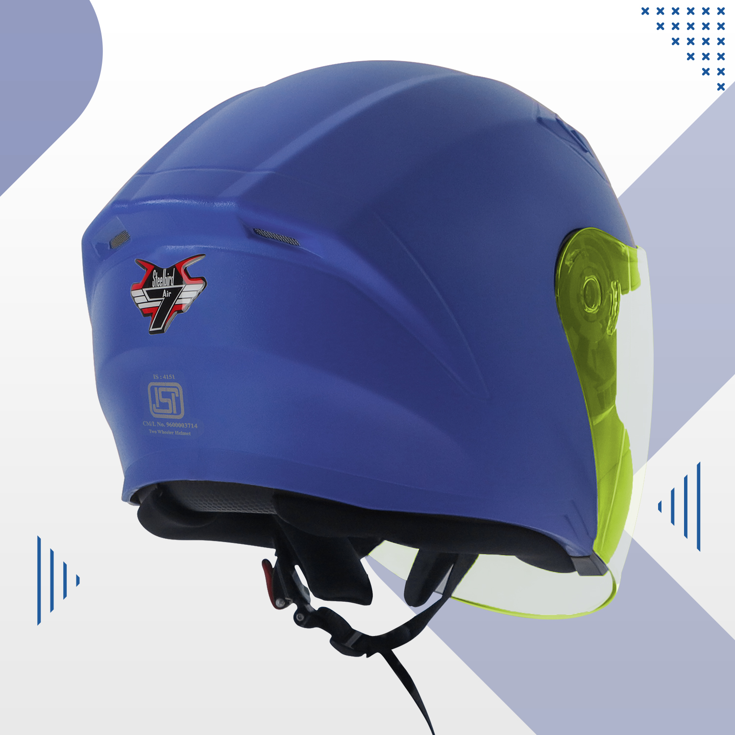 Steelbird SBA-17 7Wings ISI Certified Open Face Helmet For Men And Women With Inner Smoke Sun Shield (Dashing Blue With Tinted Yellow Visor)