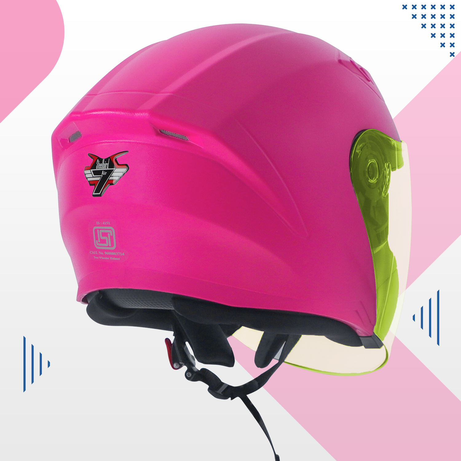 Steelbird SBA-17 7Wings ISI Certified Open Face Helmet For Men And Women With Inner Smoke Sun Shield (Dashing Pink With Tinted Yellow Visor)