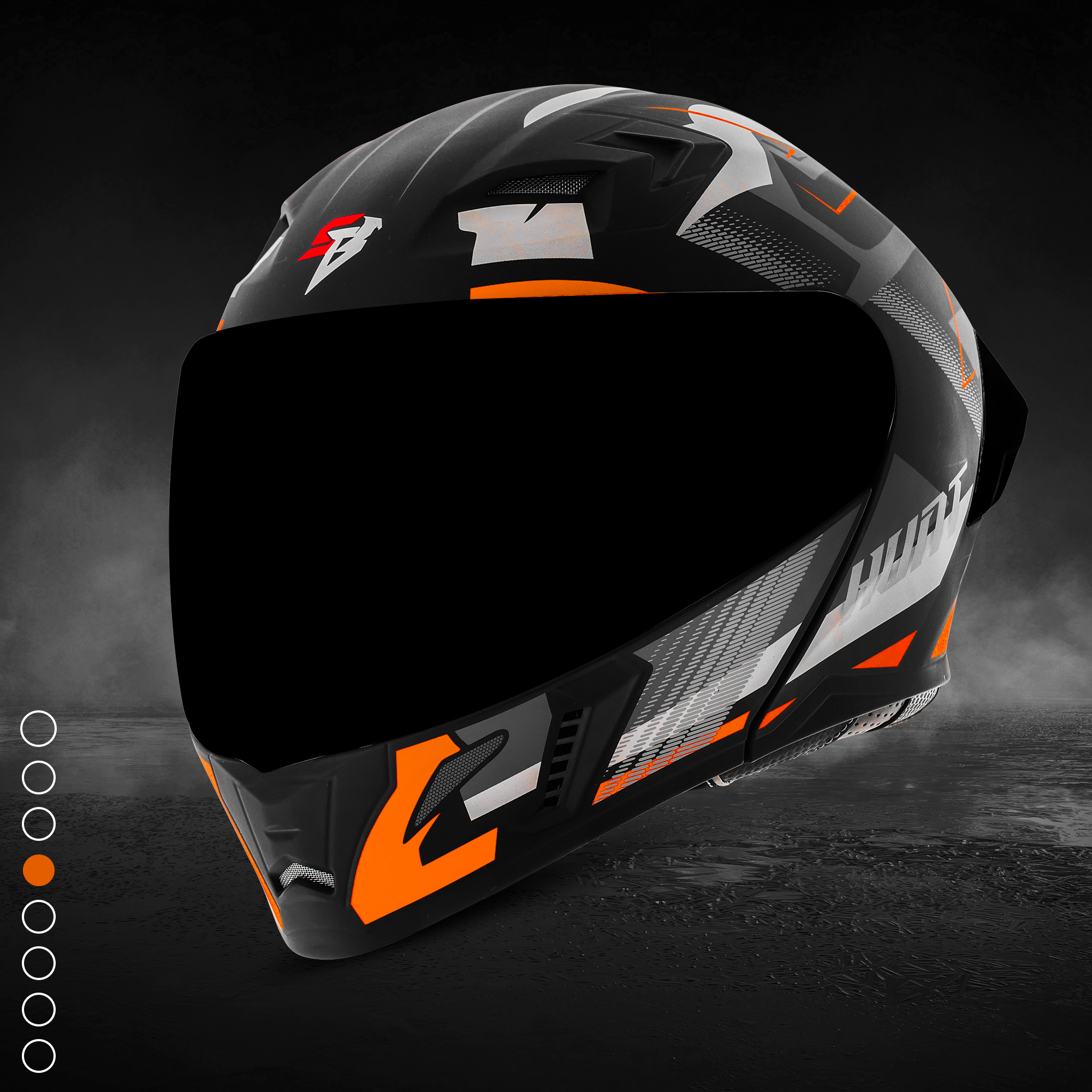 Steelbird SBA-20 Hunt ISI Certified Flip-Up Graphic Helmet For Men And Women (Matt Black Orange With Black Spoiler And Smoke Visor)