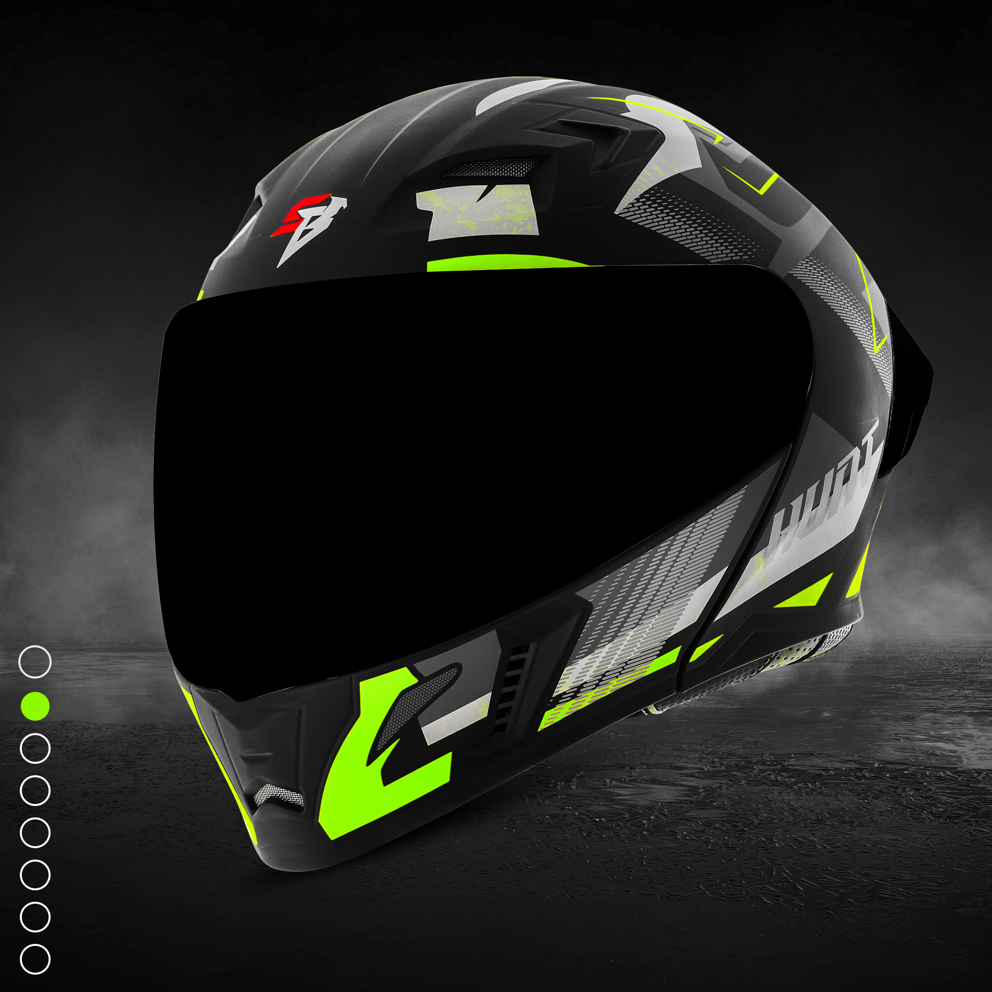 Steelbird SBA-20 Hunt ISI Certified Flip-Up Graphic Helmet For Men And Women (Matt Black Neon With Black Spoiler And Smoke Visor)