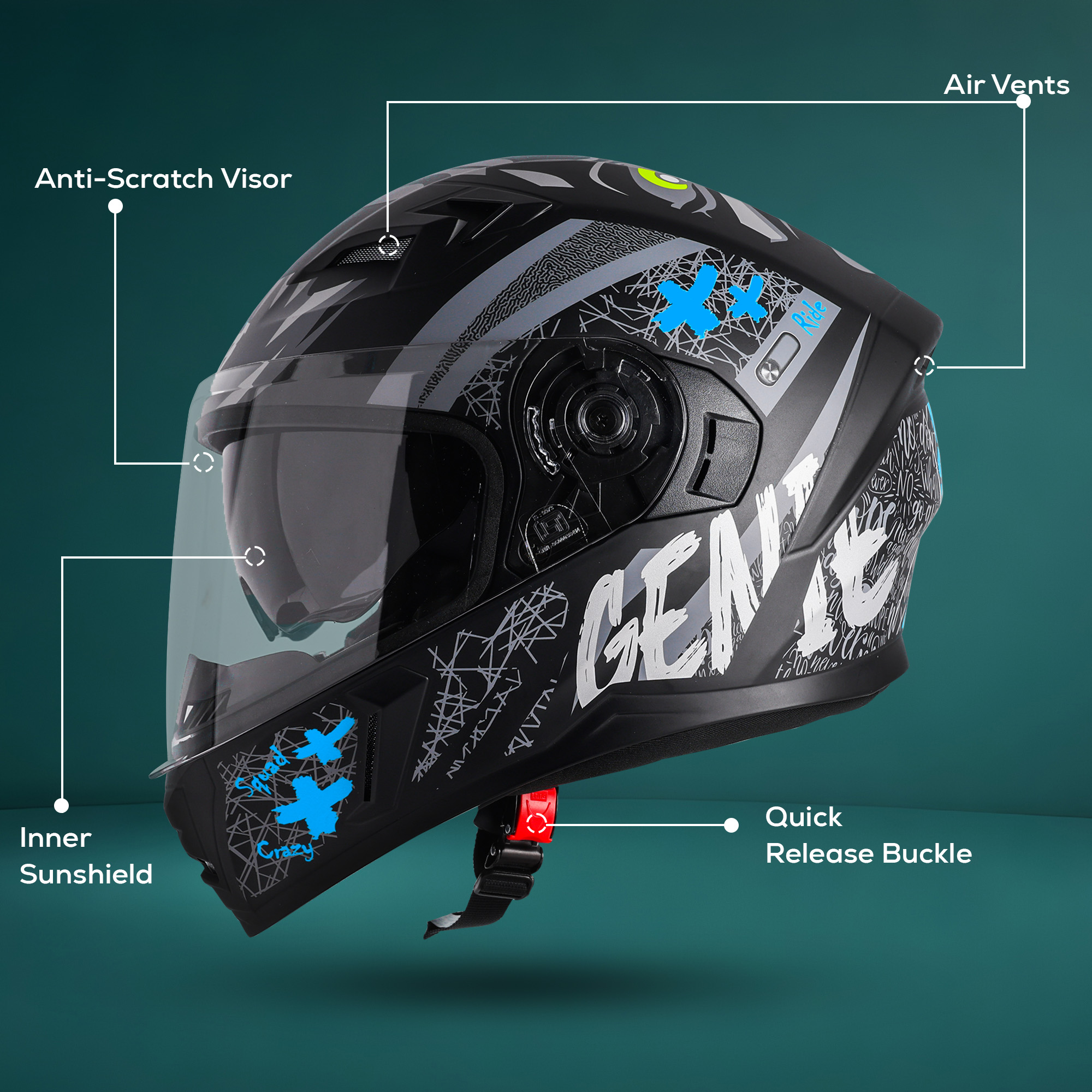 Steelbird SBA-21 Genie ISI Certified Full Face Graphic Helmet For Men And Women With Inner Smoke Sun Shield (Glossy Black Jazz Blue)