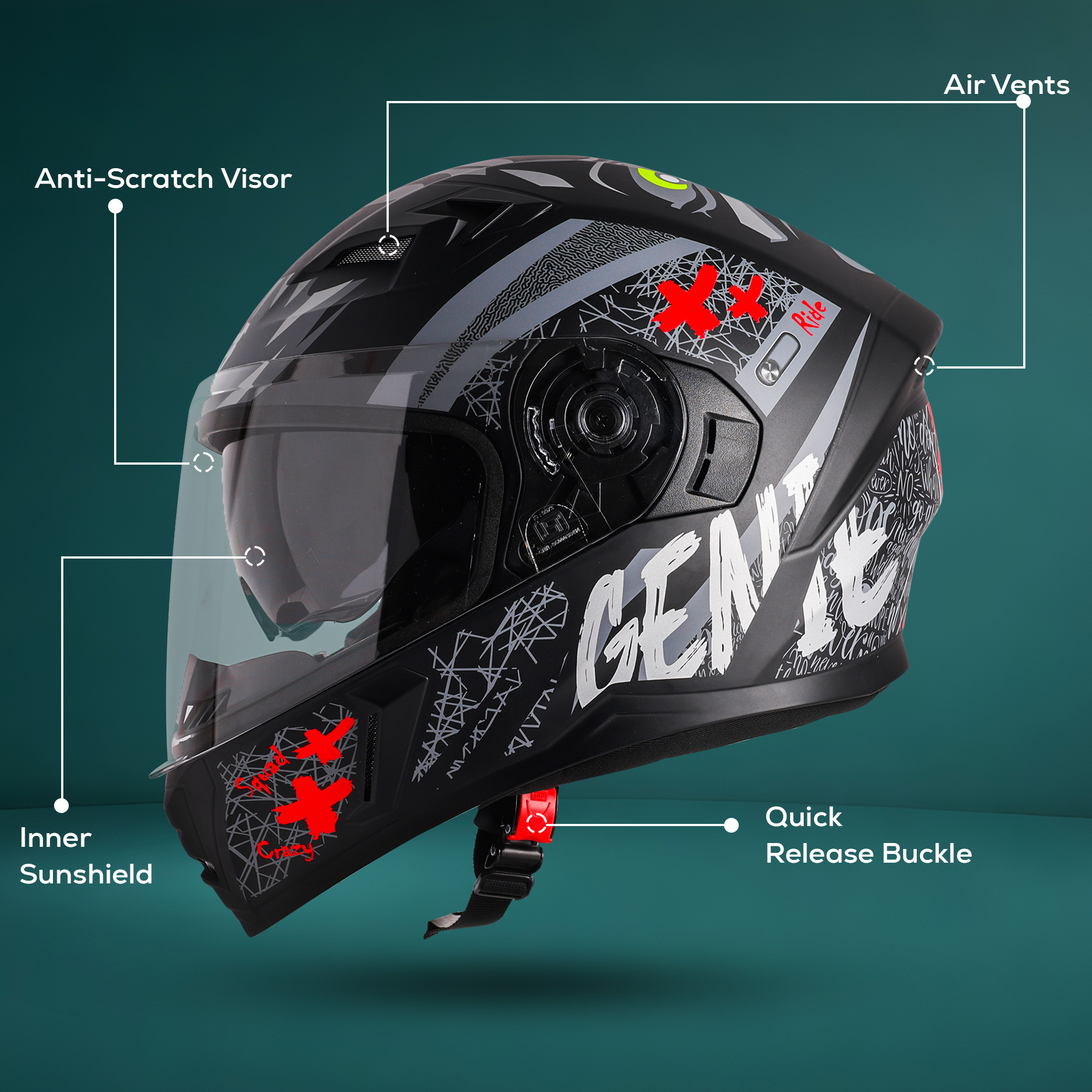 Steelbird SBA-21 Genie ISI Certified Full Face Graphic Helmet For Men And Women With Inner Smoke Sun Shield (Glossy Black Red)