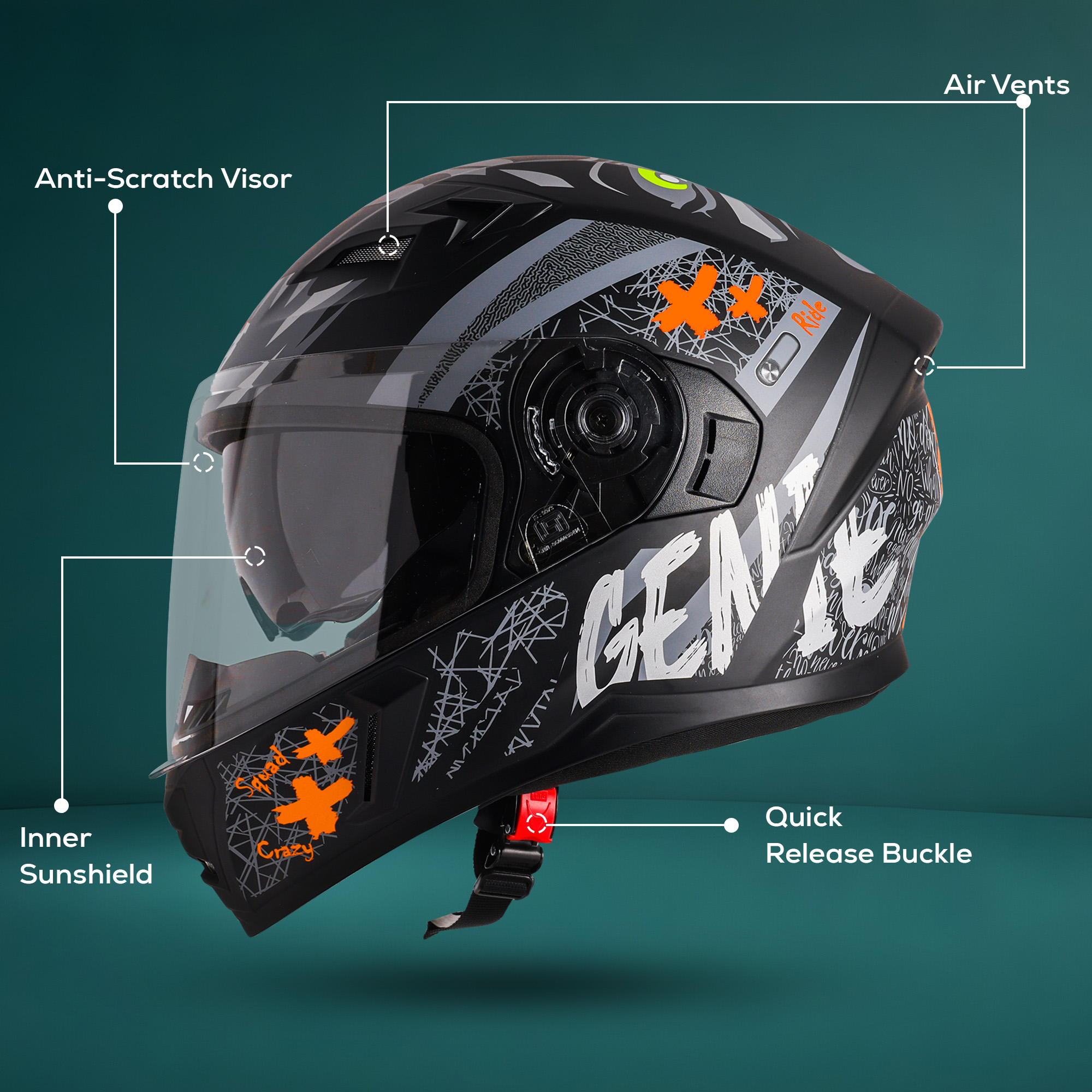 Steelbird SBA-21 Genie ISI Certified Full Face Graphic Helmet For Men And Women With Inner Smoke Sun Shield (Glossy Black Orange)