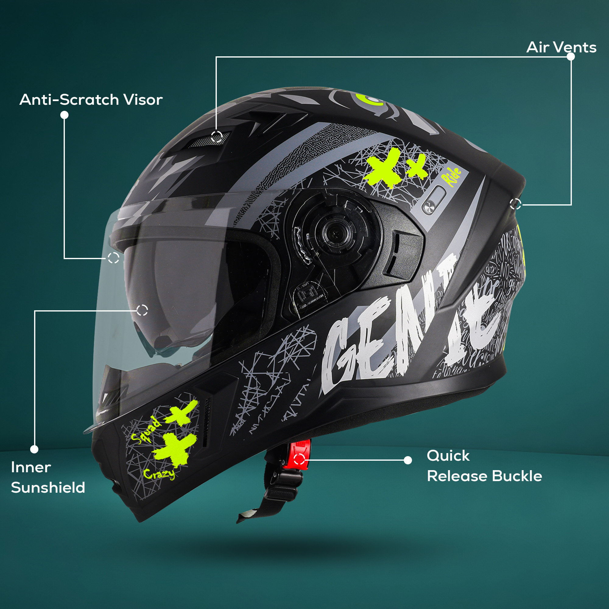 Steelbird SBA-21 Genie ISI Certified Full Face Graphic Helmet For Men And Women With Inner Smoke Sun Shield (Glossy Black Neon)