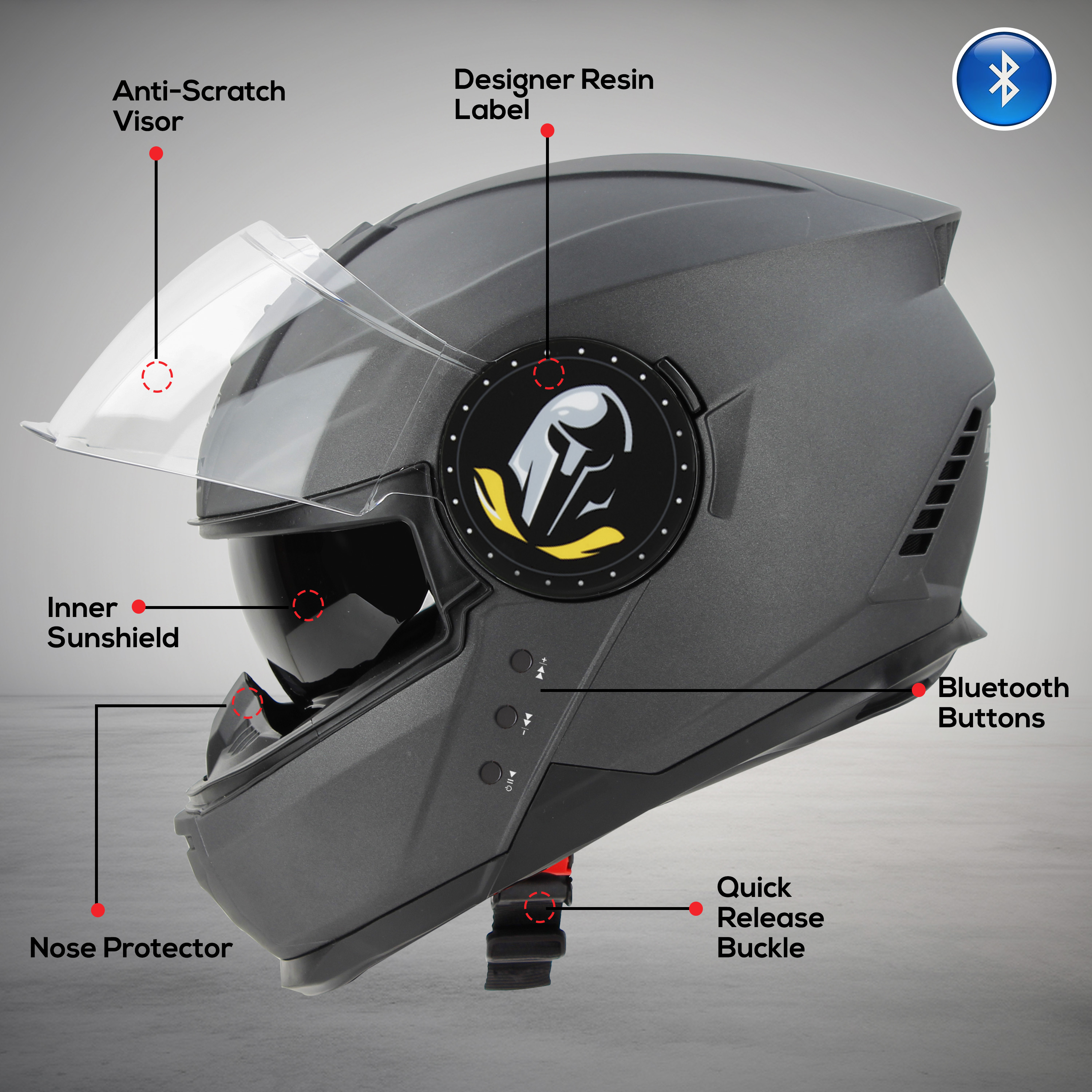 Steelbird Bluetooth Full Face ISI Certified Helmet For Men With Inner Smoke Sun Shield | SBH-40 7Wings (Matt Axis Grey)